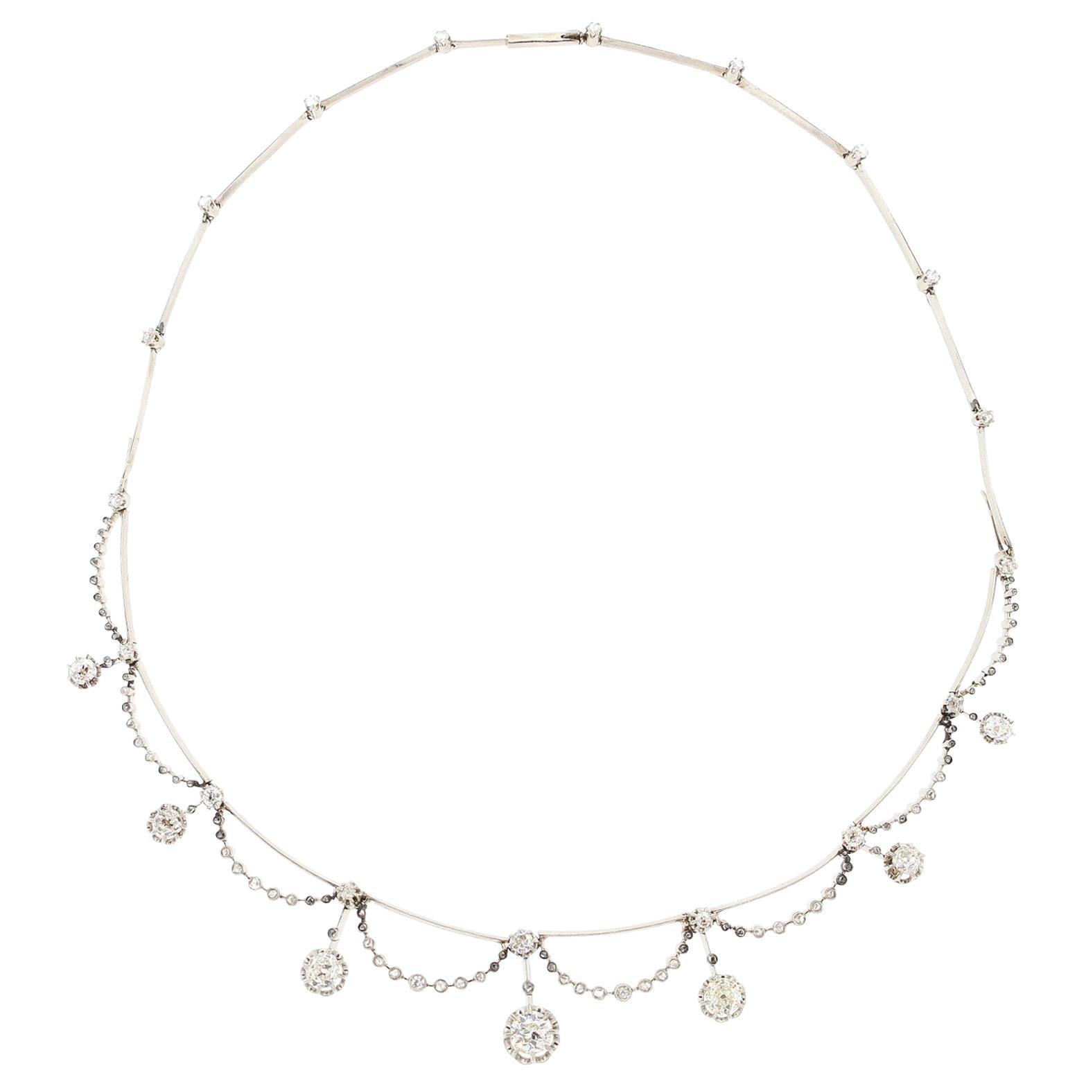 Antique Belle Époque Platinum Diamond Swag Necklace For Sale