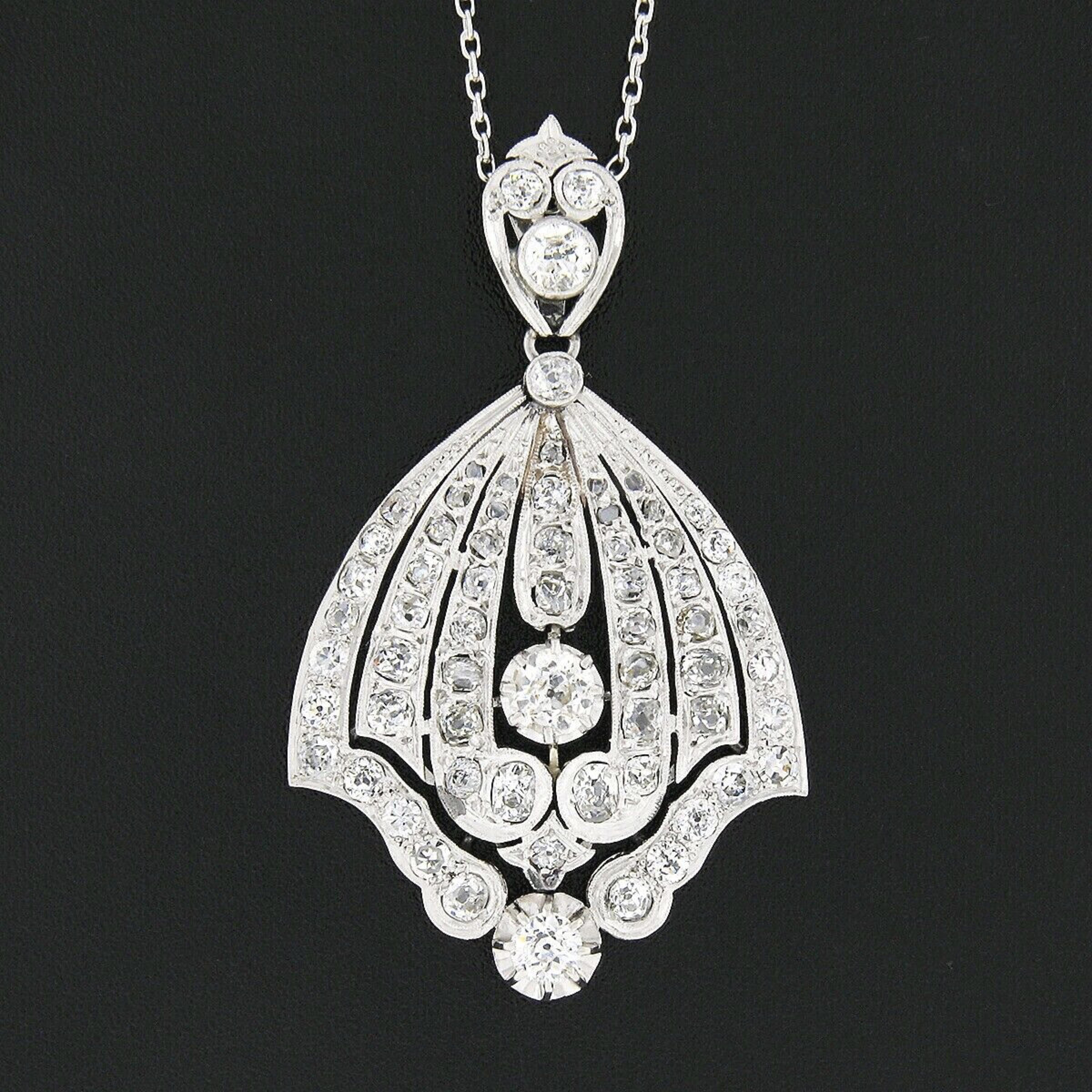 Belle Époque Antique Belle Epoque Platinum European Diamond Flared Pendant & 18k Gold Chain For Sale