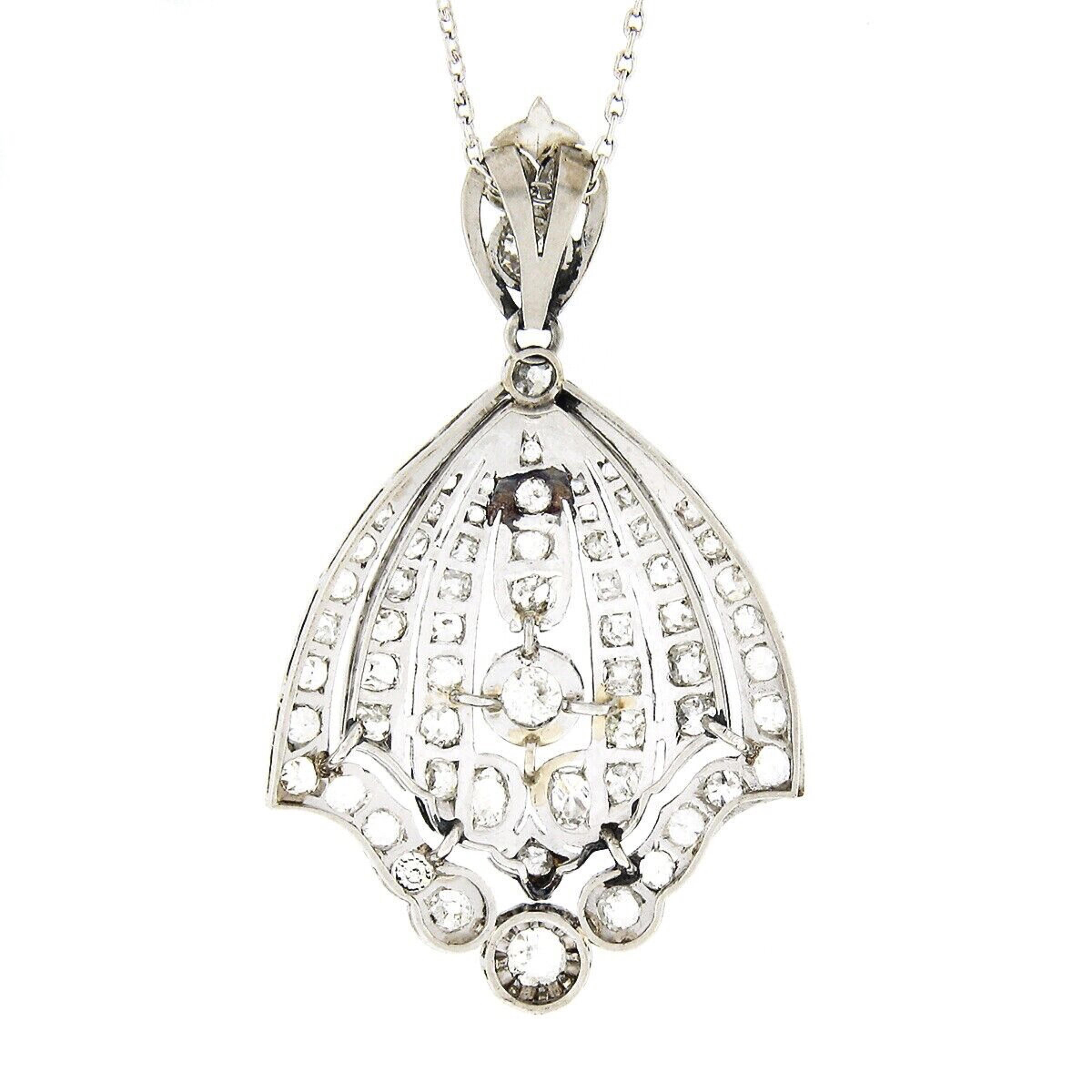 Women's Antique Belle Epoque Platinum European Diamond Flared Pendant & 18k Gold Chain