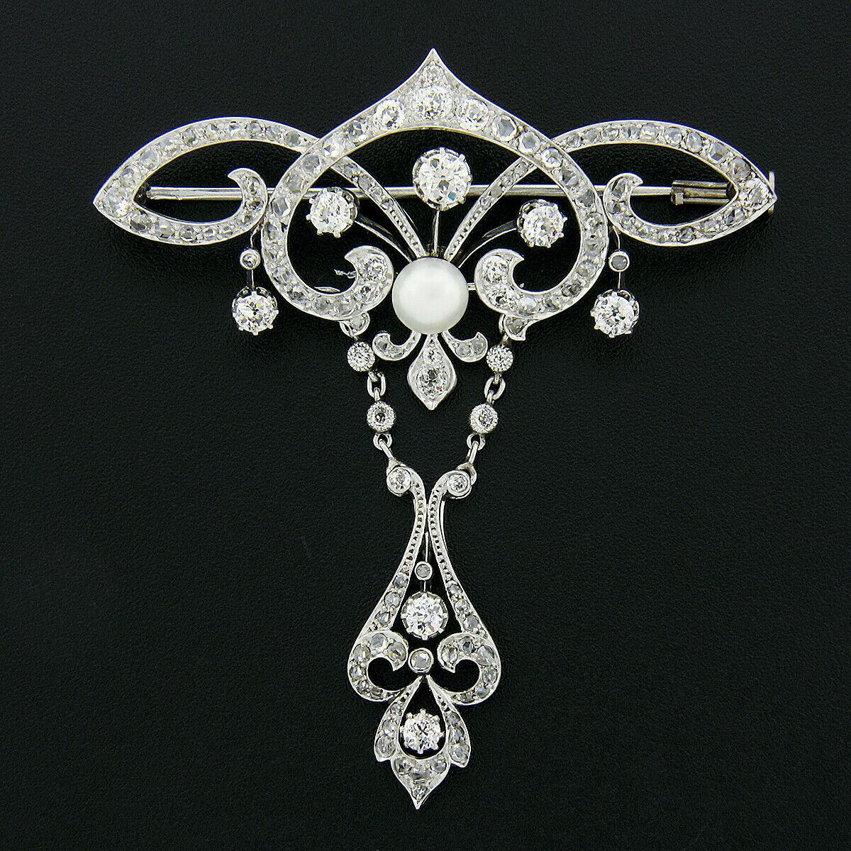 Grande broche ancienne de la Belle Époque en platine, perle européenne et diamants avec pendentif Bon état - En vente à Montclair, NJ