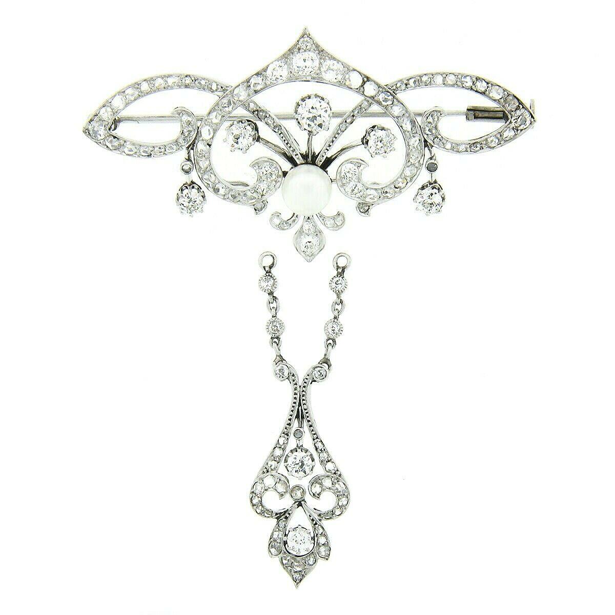 Belle Époque Antique Belle Epoque Platinum European Diamond Pearl Wide Large Brooch w/ Dangle For Sale