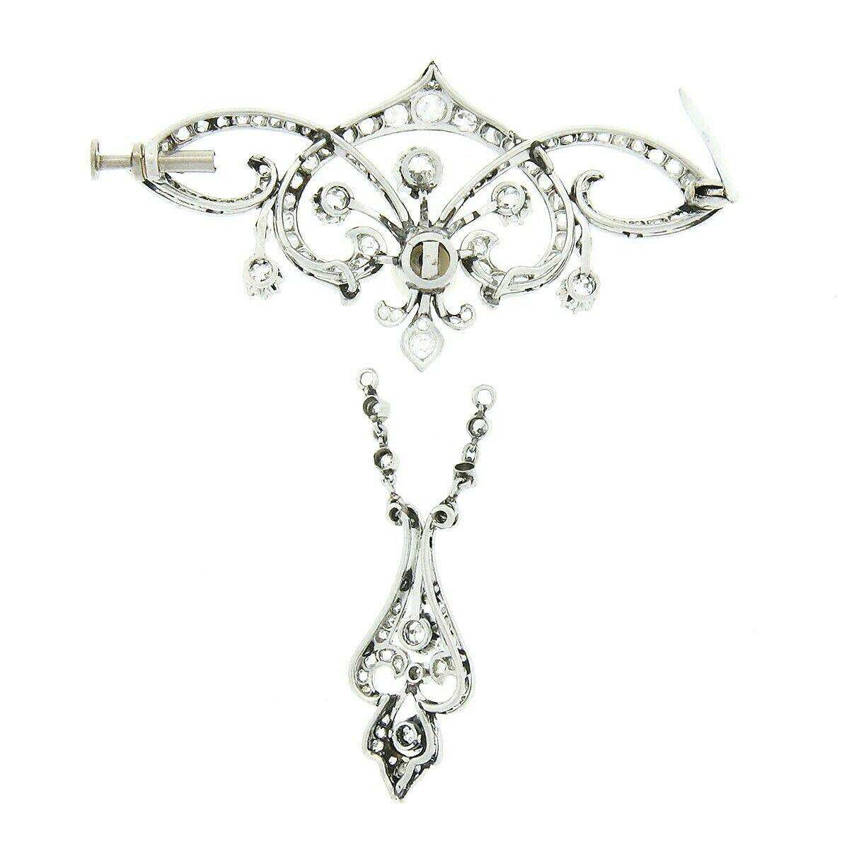 Old European Cut Antique Belle Epoque Platinum European Diamond Pearl Wide Large Brooch w/ Dangle For Sale