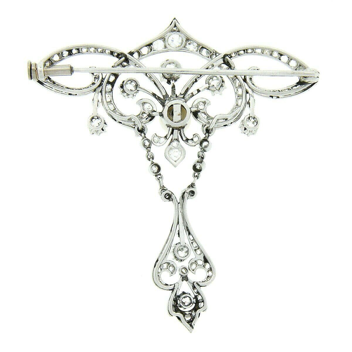 Antique Belle Epoque Platinum European Diamond Pearl Wide Large Brooch w/ Dangle In Good Condition For Sale In Montclair, NJ