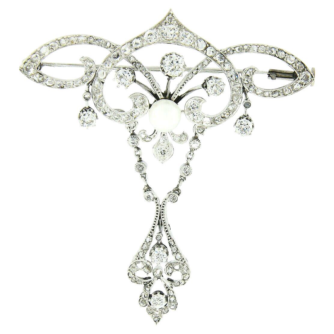 Grande broche ancienne de la Belle Époque en platine, perle européenne et diamants avec pendentif