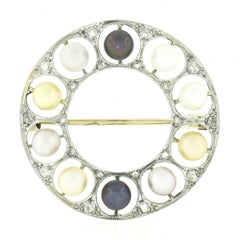 Antique Belle Epoque Platinum Multi Color Pearl Diamond Wreath Circle Pin Brooch