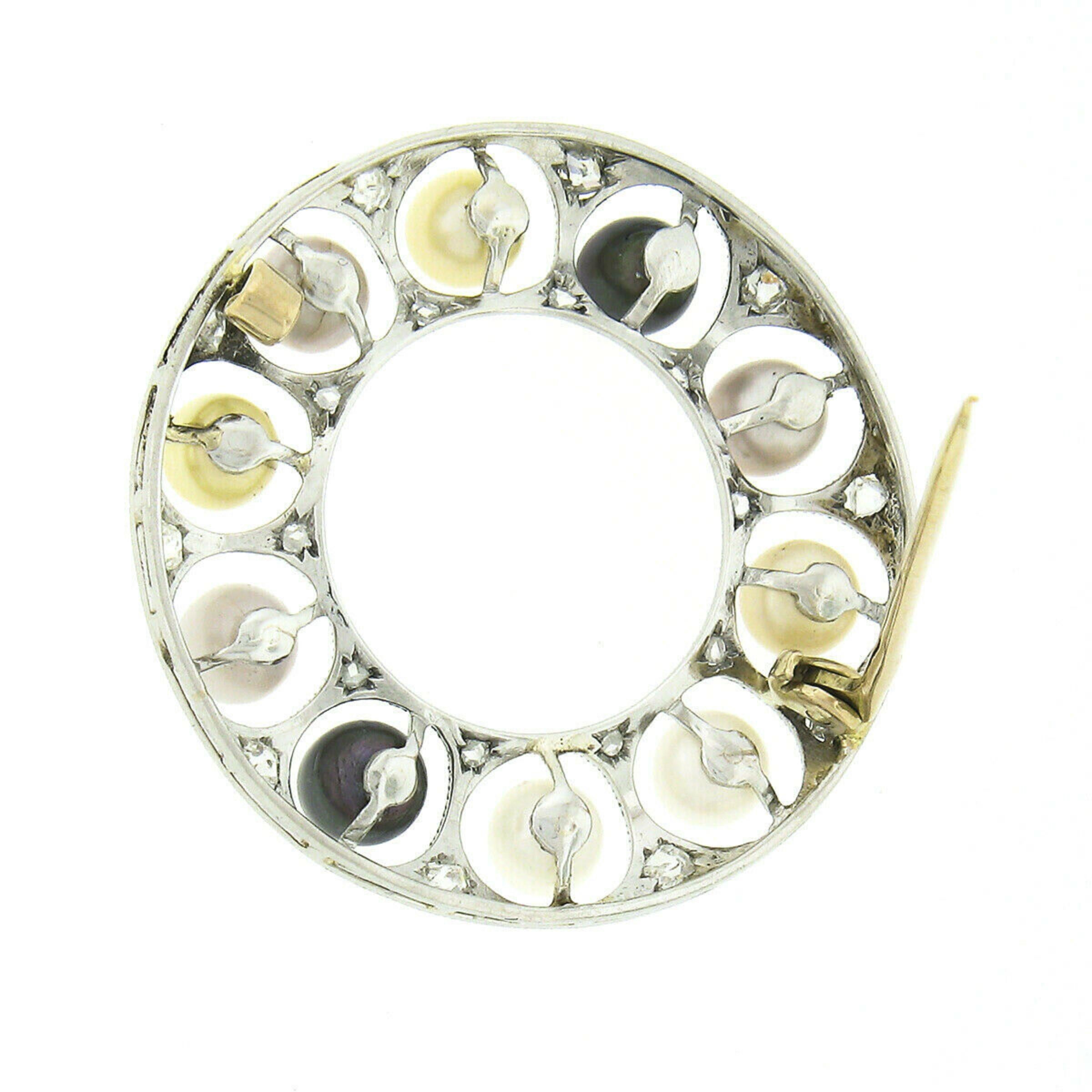 Belle Époque Antique Belle Epoque Platinum Multi Color Pearl Diamond Wreath Circle Pin Brooch For Sale
