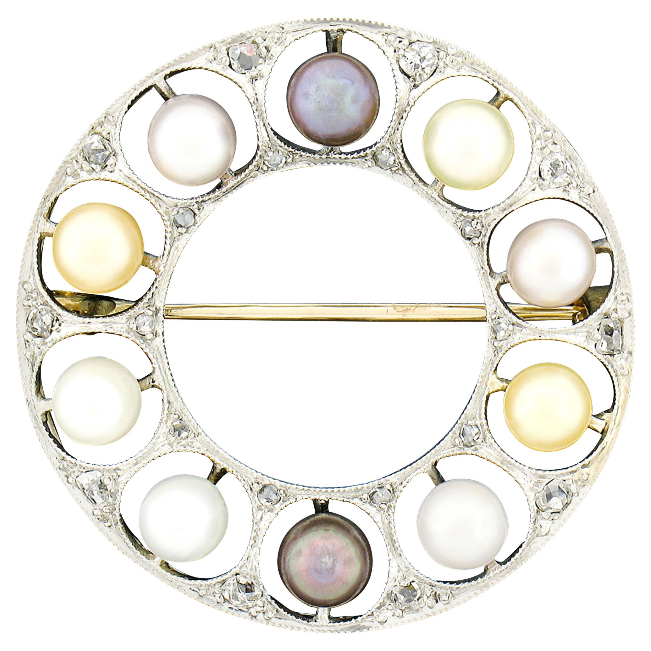 Antique Belle Epoque Platinum Multi Color Pearl Diamond Wreath Circle Pin Brooch For Sale