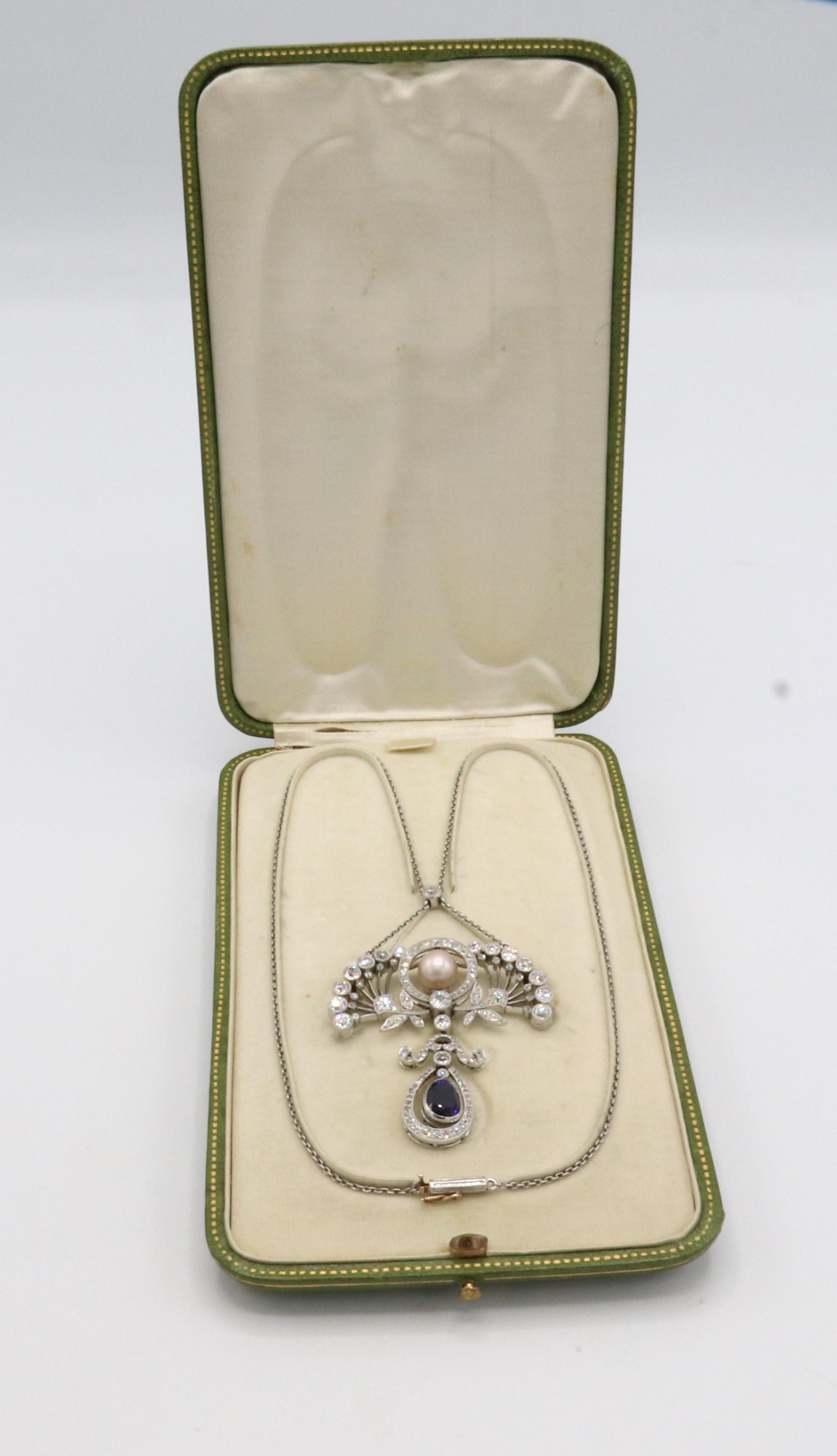 Antique Belle Époque Platinum Old European Cut Diamond & Sapphire Pearl Necklace 5