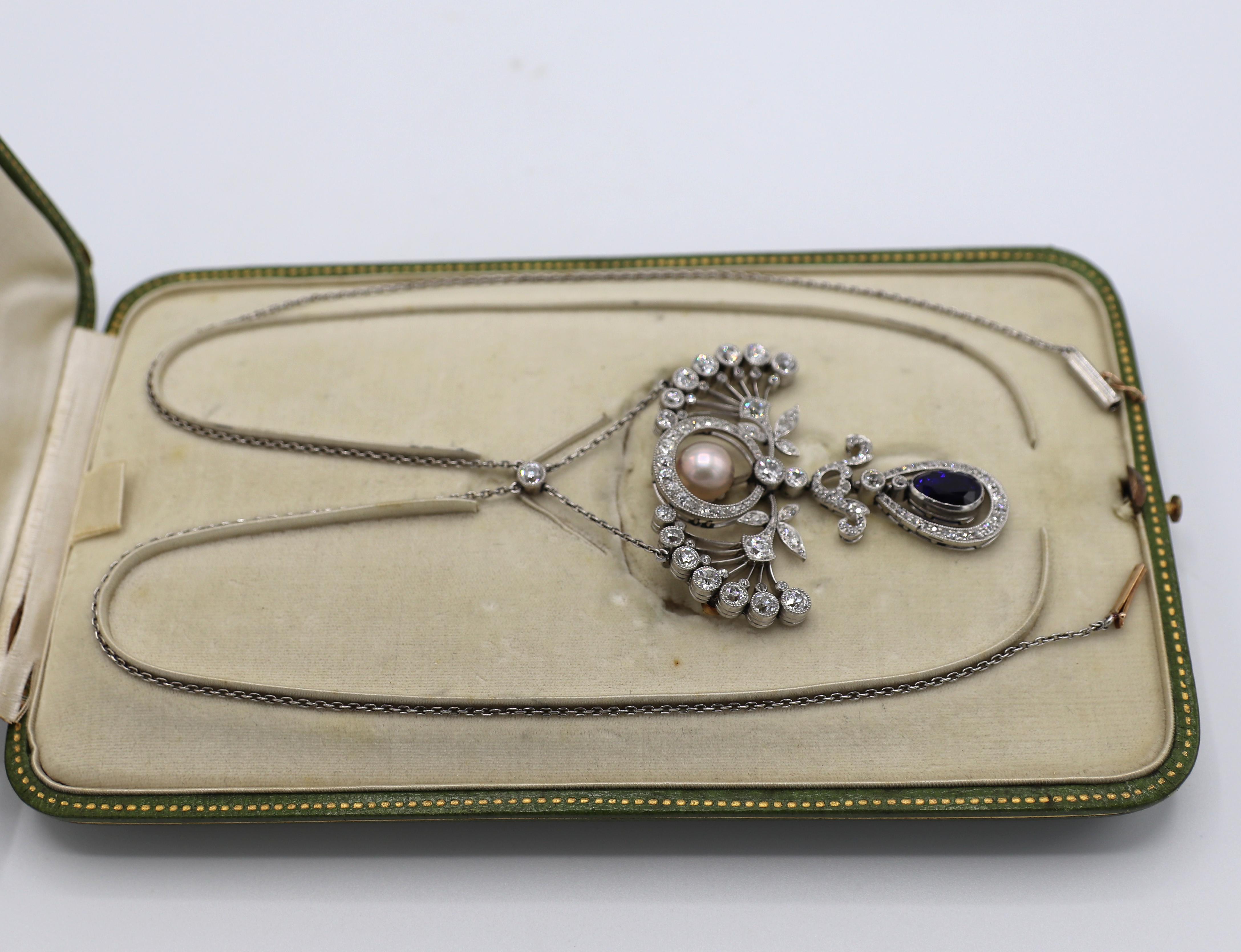 Antique Belle Époque Platinum Old European Cut Diamond & Sapphire Pearl Necklace 6
