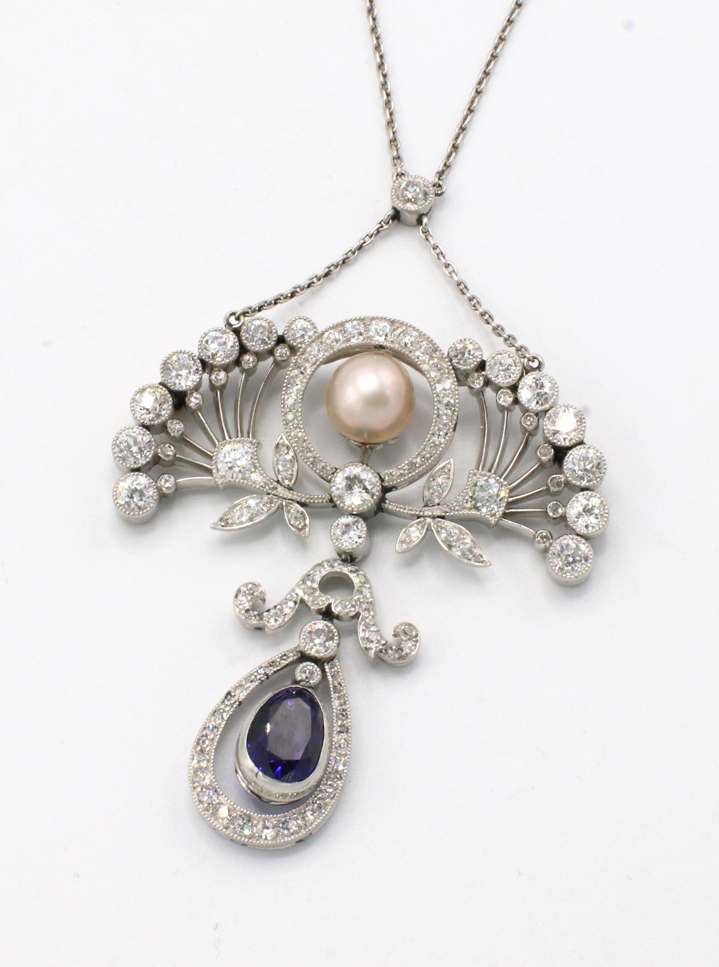 Edwardian Antique Belle Époque Platinum Old European Cut Diamond & Sapphire Pearl Necklace