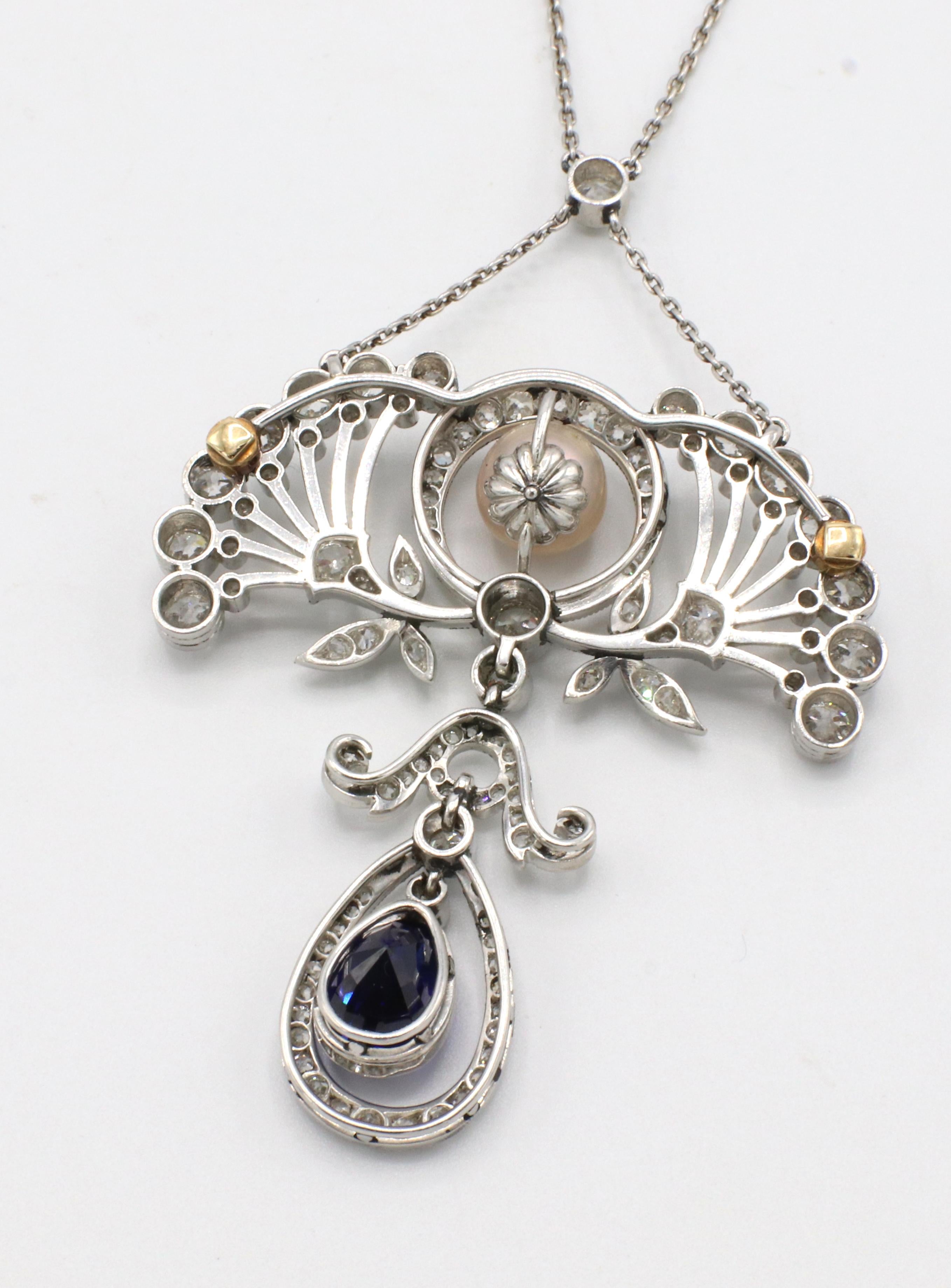 Antique Belle Époque Platinum Old European Cut Diamond & Sapphire Pearl Necklace In Excellent Condition In  Baltimore, MD