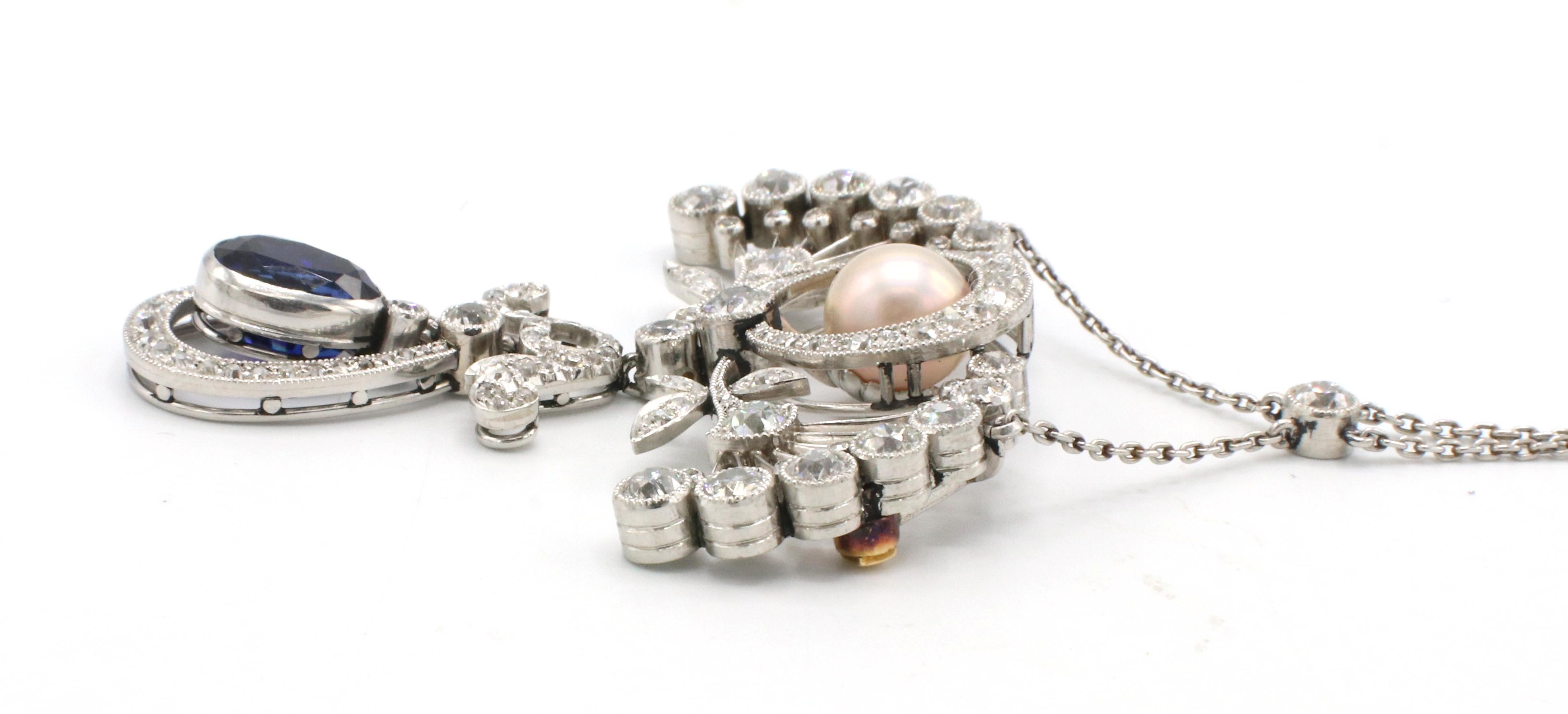 Antique Belle Époque Platinum Old European Cut Diamond & Sapphire Pearl Necklace 1