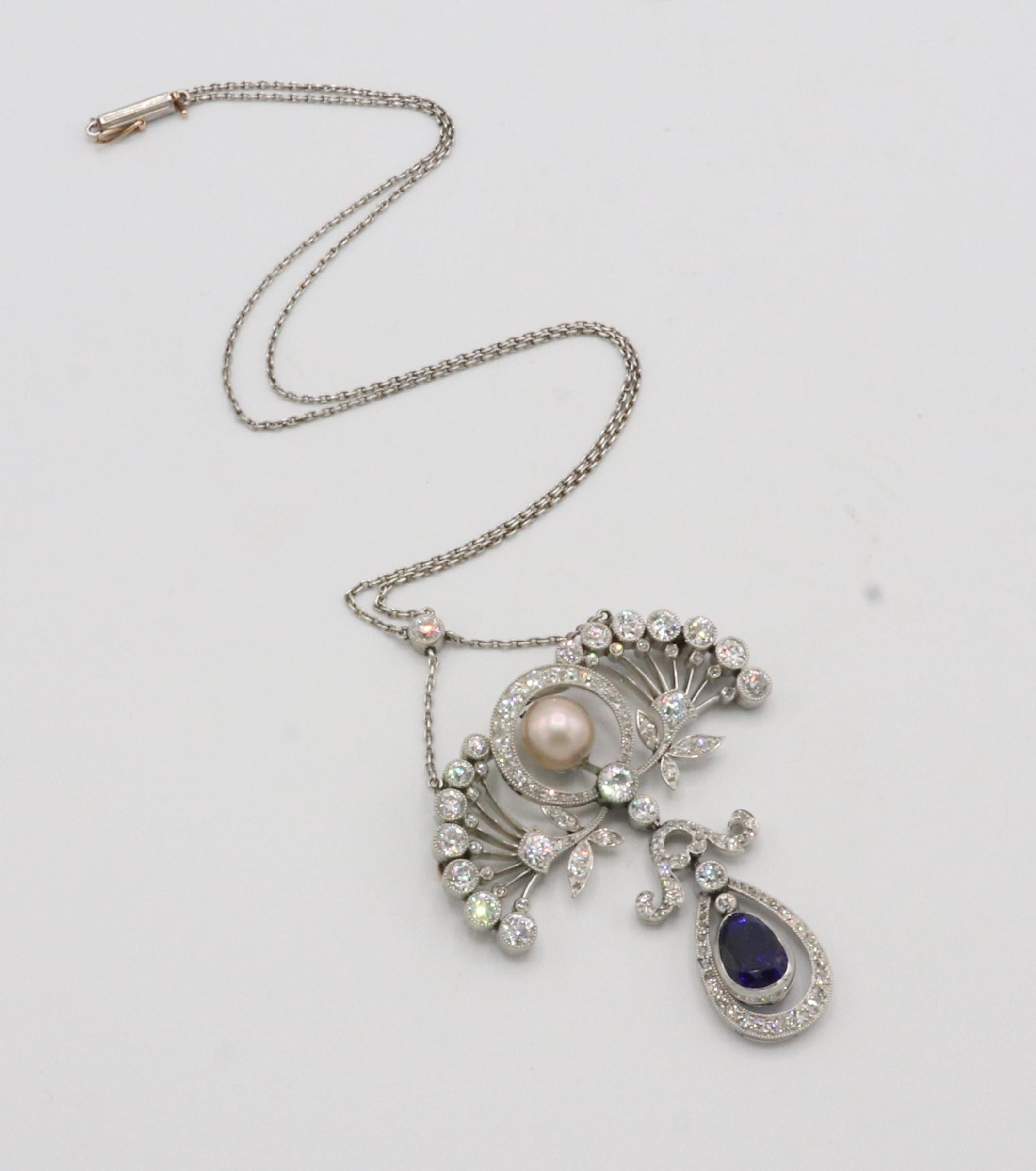 Antique Belle Époque Platinum Old European Cut Diamond & Sapphire Pearl Necklace 2