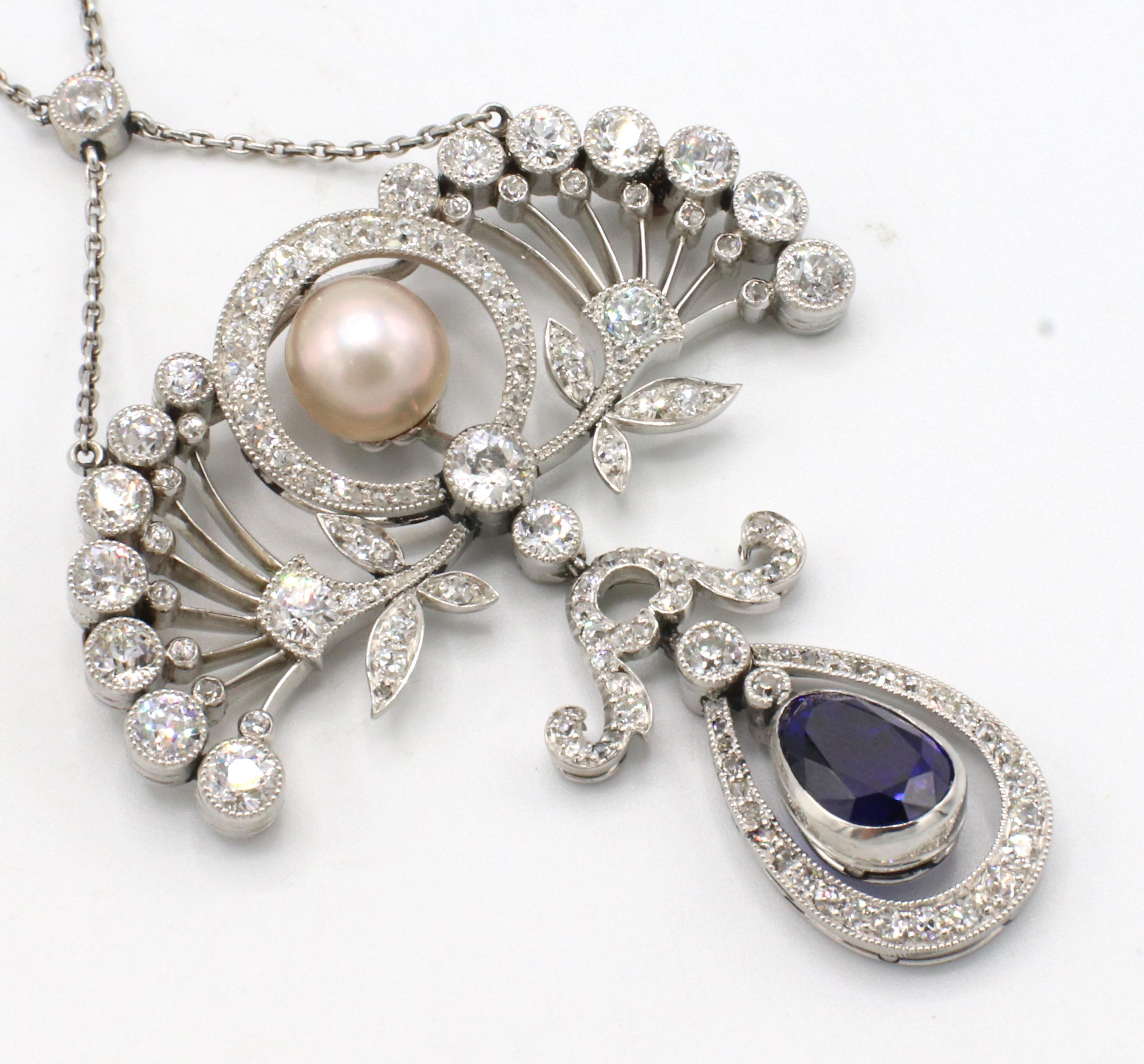 Antique Belle Époque Platinum Old European Cut Diamond & Sapphire Pearl Necklace 3