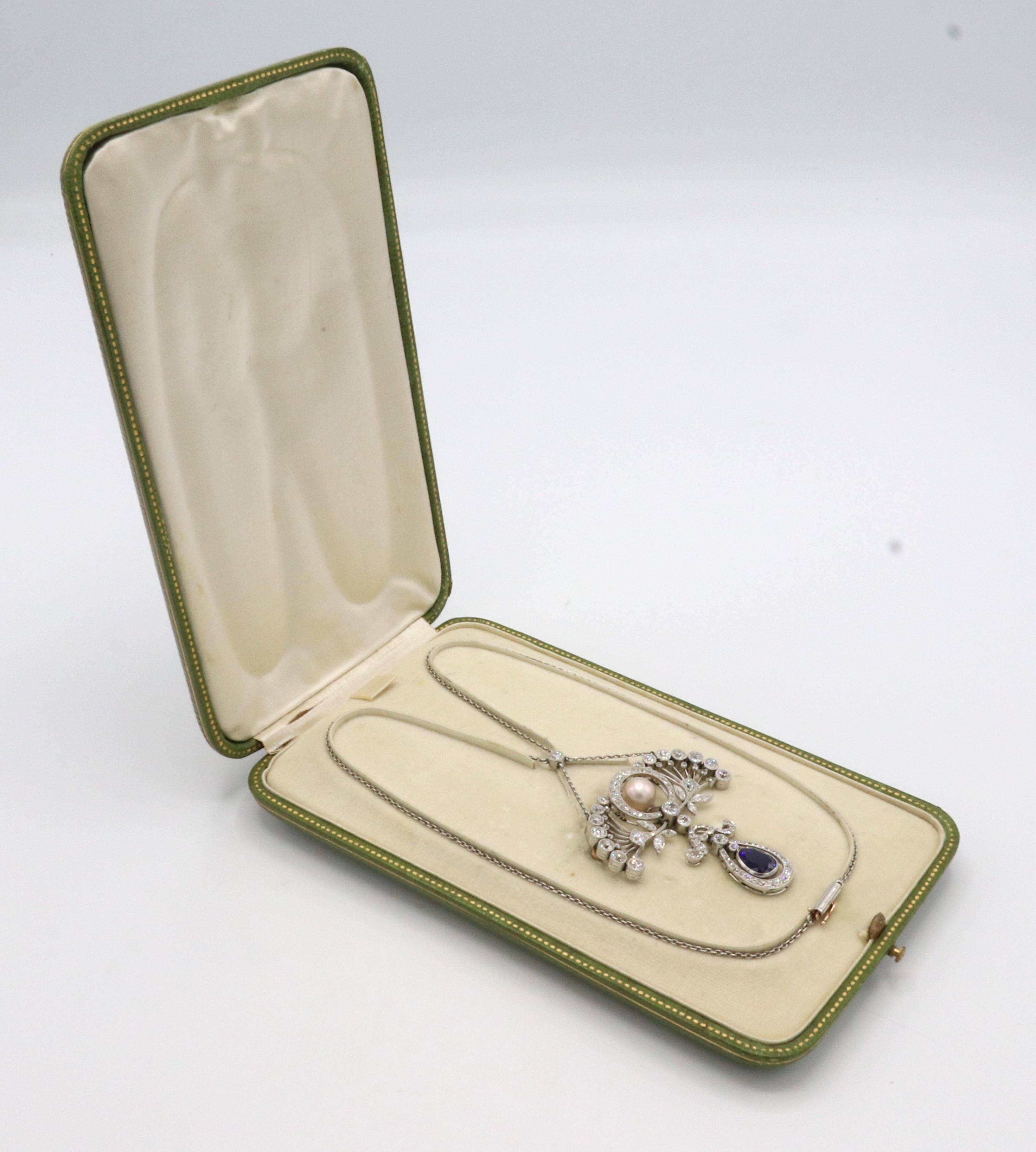 Antique Belle Époque Platinum Old European Cut Diamond & Sapphire Pearl Necklace 4