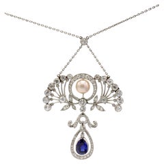 Antique Belle Époque Platinum Old European Cut Diamond & Sapphire Pearl Necklace