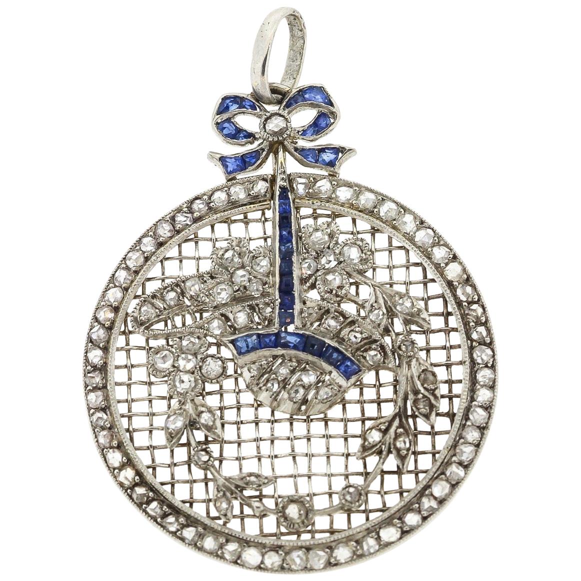 Antique Belle Époque Platinum "Petit Point" Rose Cut Diamond Sapphire Pendant For Sale