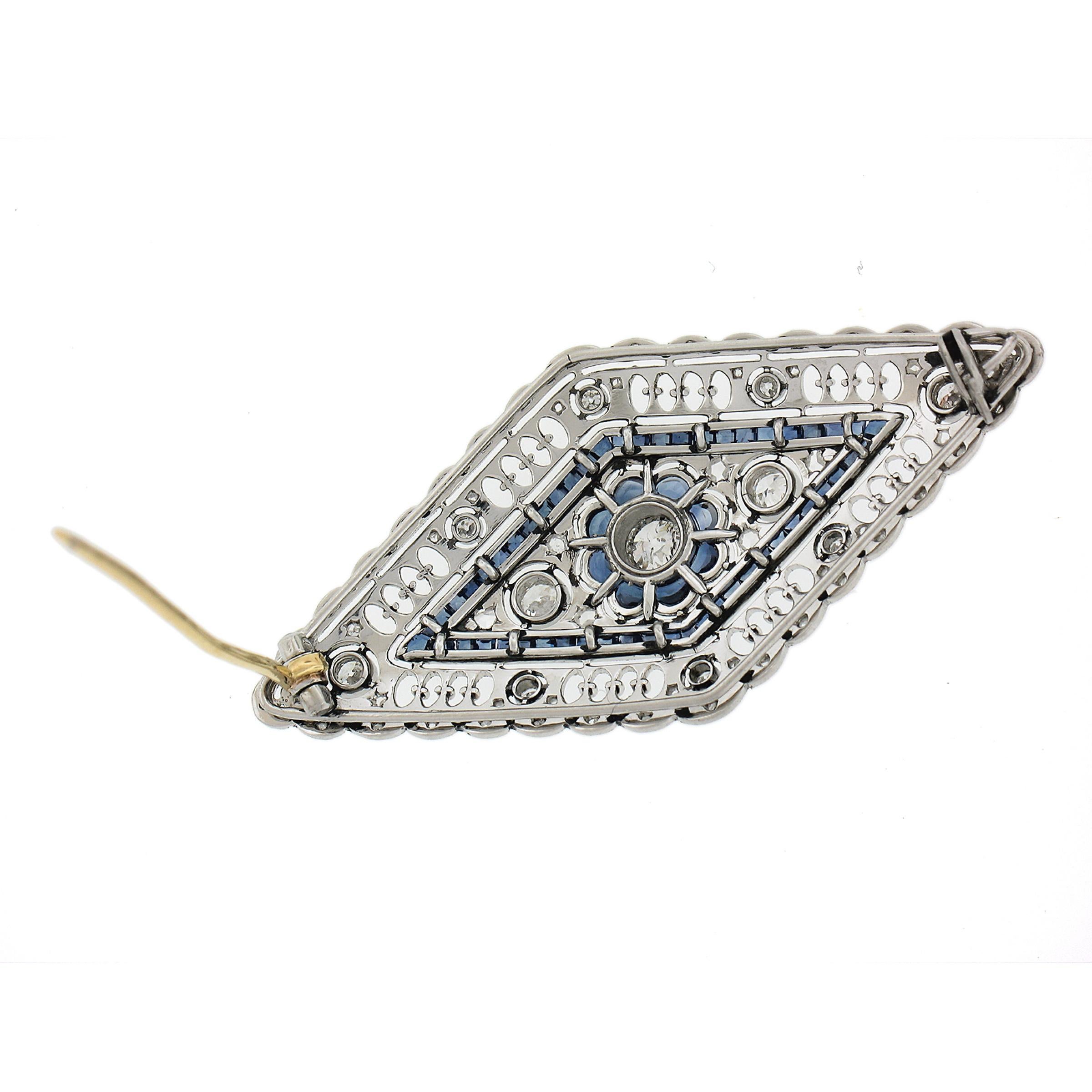 French Cut Antique Belle Epoque Platinum Sapphire & Diamond Milgrain Work Pin Brooch For Sale