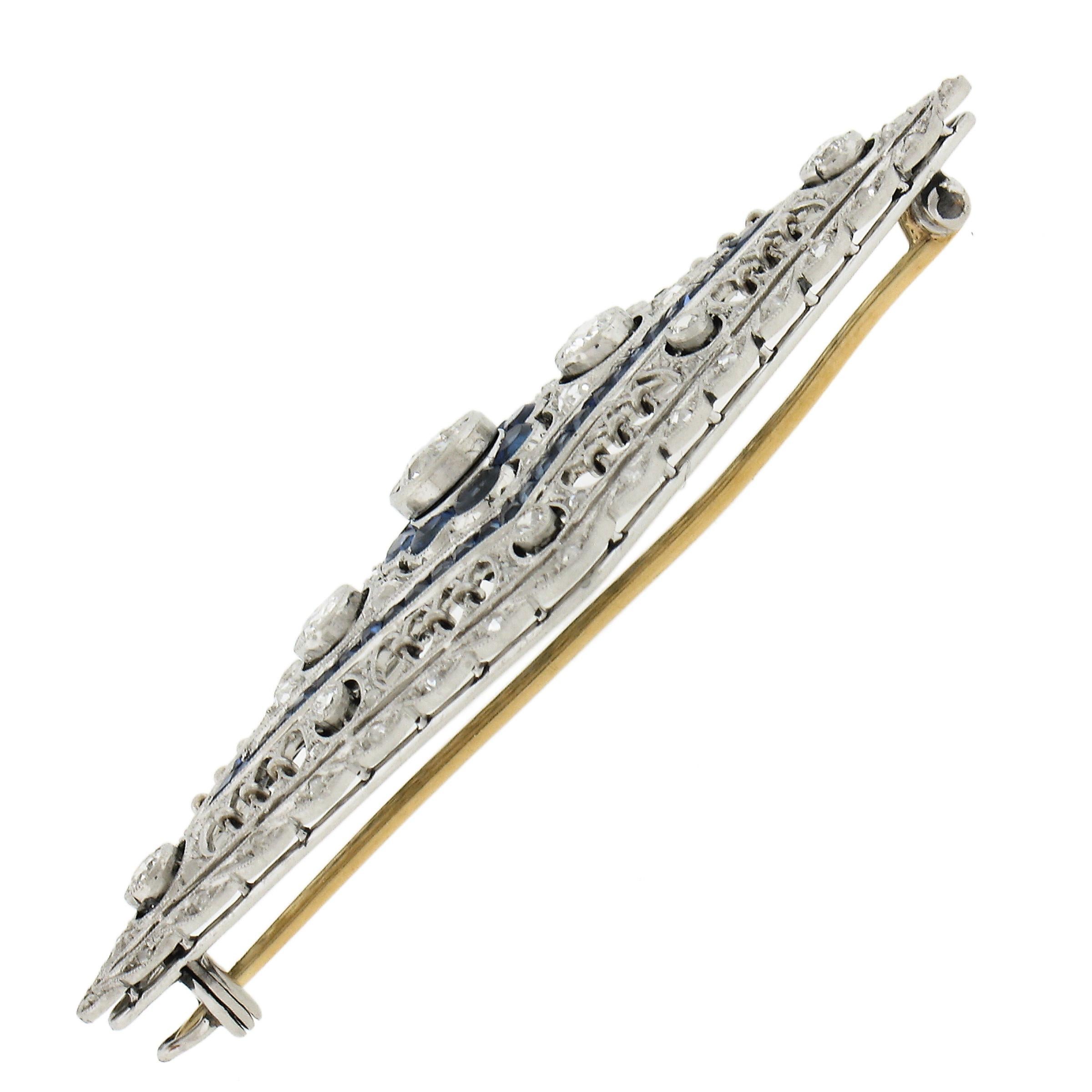 Antique Belle Epoque Platinum Sapphire & Diamond Milgrain Work Pin Brooch In Excellent Condition For Sale In Montclair, NJ