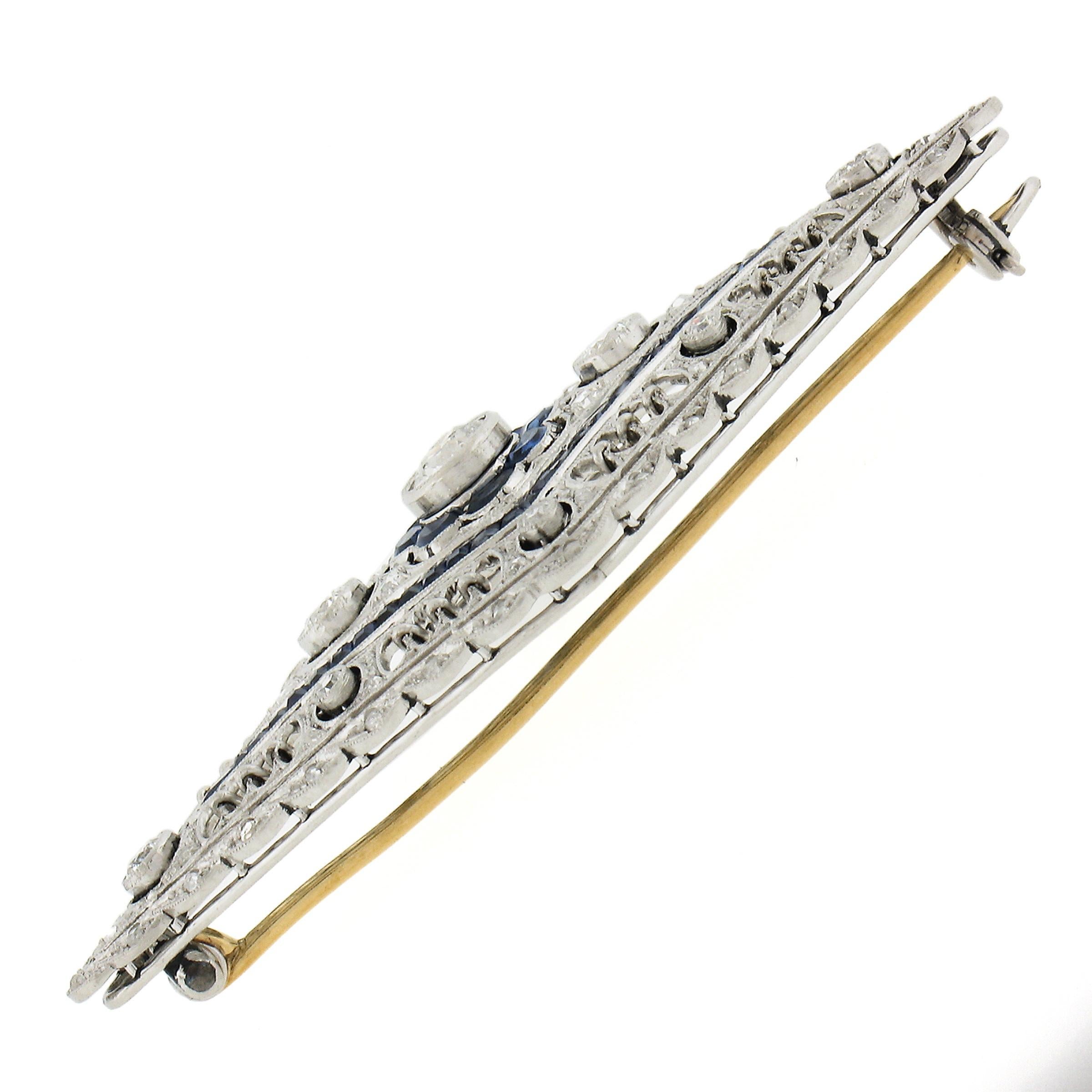 Women's or Men's Antique Belle Epoque Platinum Sapphire & Diamond Milgrain Work Pin Brooch For Sale