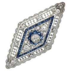 Antique Belle Epoque Platinum Sapphire & Diamond Milgrain Work Pin Brooch