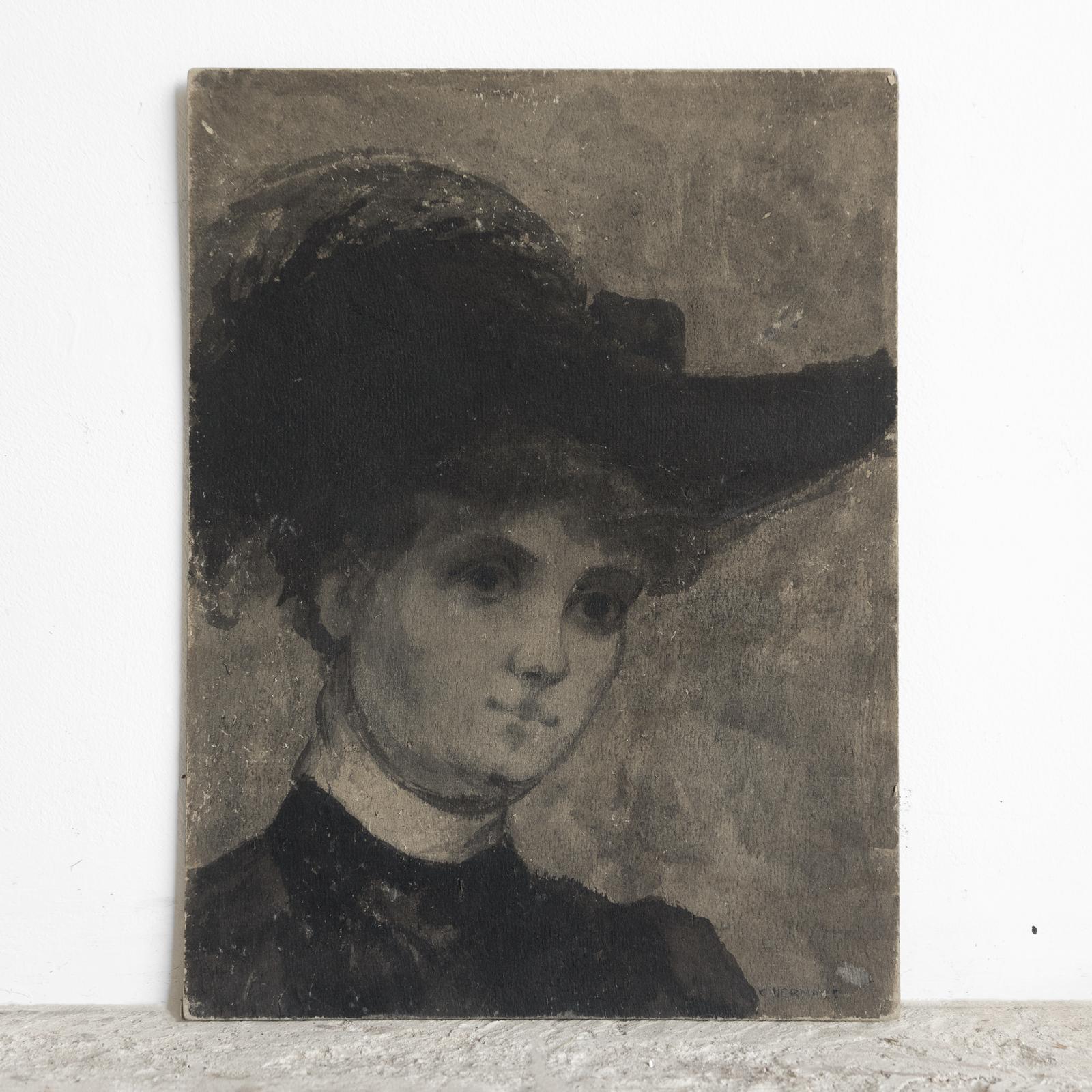 ANTIQUE ORIGINAL INK AND WASH ON CARDBOARD PAINTING DEPICTING A FEMALE SITTER, 19TH CENTURY

An unusual and skilful portrait in monochrome ink and wash, depicting a woman in fine dress of the period under the shadow of her wide-brimmed hat, her eyes