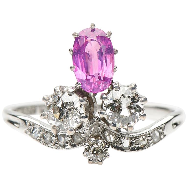 Antique, Belle Époque Rings, Pink Sapphire and Diamond Trefoil Engagement Ring For Sale