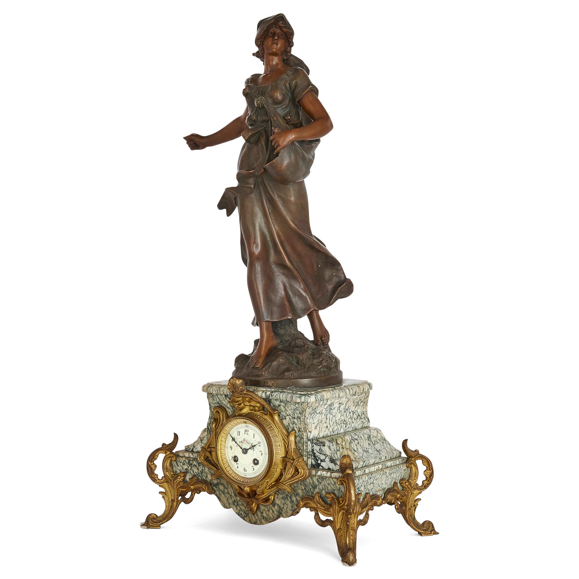 French Antique Belle Époque Sculptural Three-Piece Clock Set after Auguste Moreau For Sale