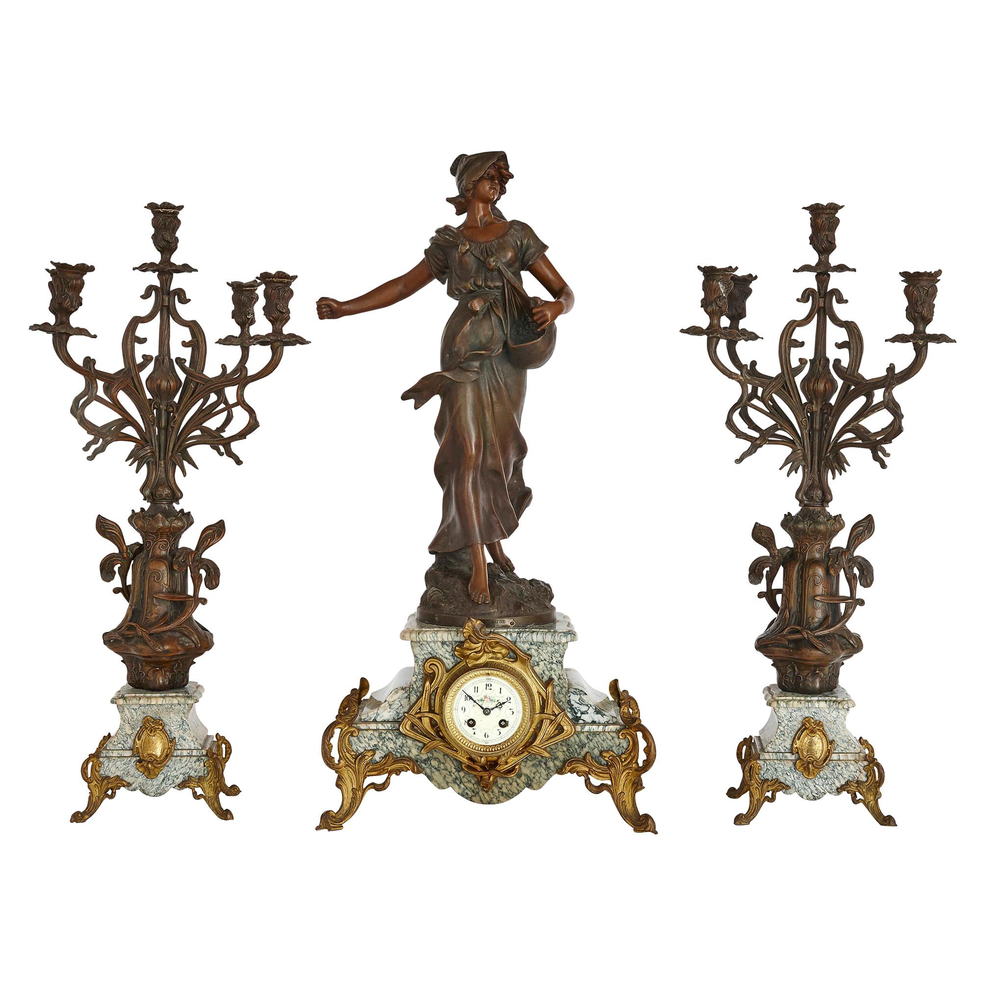 Antique Belle Époque Sculptural Three-Piece Clock Set after Auguste Moreau For Sale