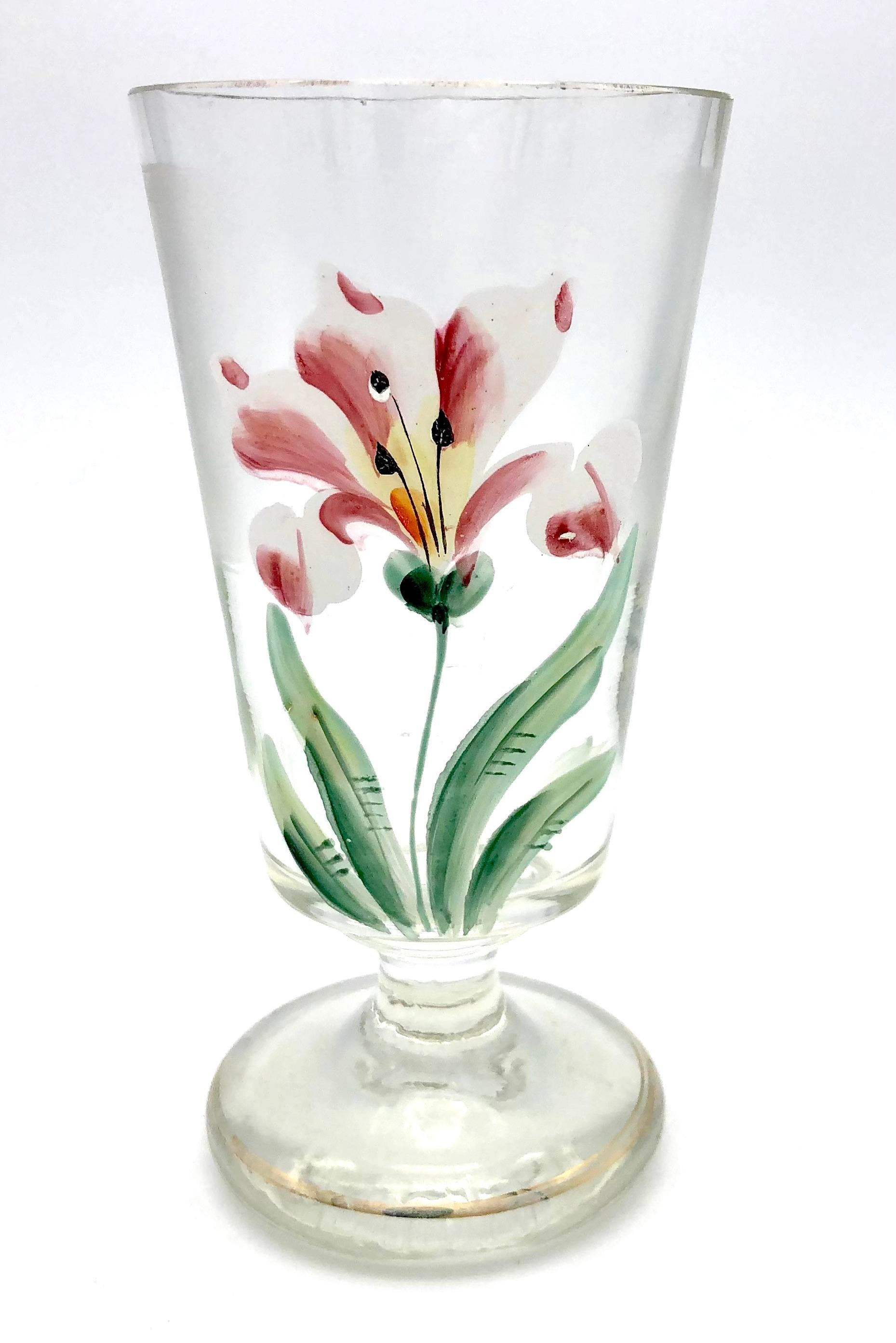 Late 19th Century Antique Belle Époque Set of 4 Handpainted Bohemian Wine Glasses Lilies