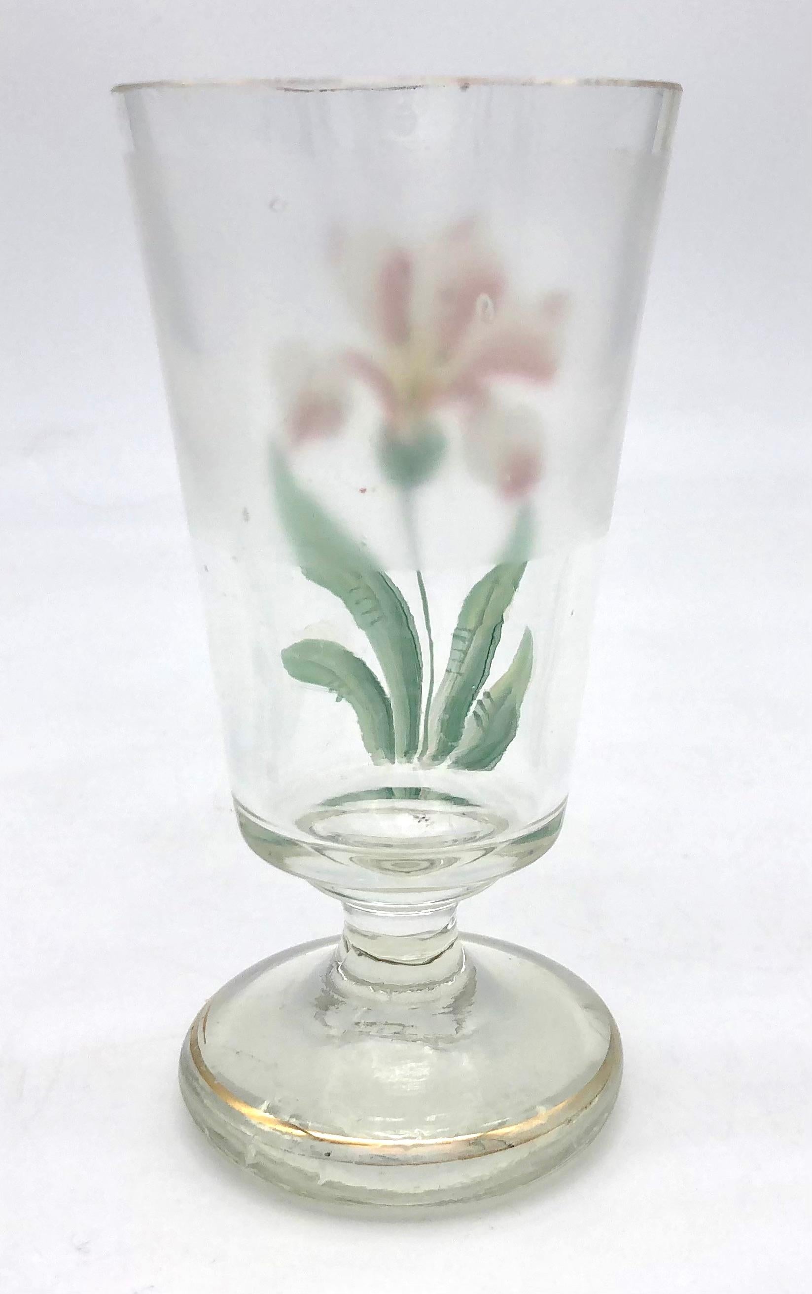 Blown Glass Antique Belle Époque Set of 4 Handpainted Bohemian Wine Glasses Lilies