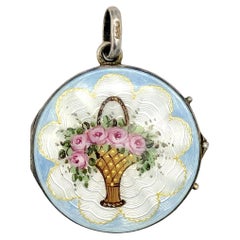 Antique Belle Époque Silver Locket Pendant Basquet of Roses Guilloché Enamel