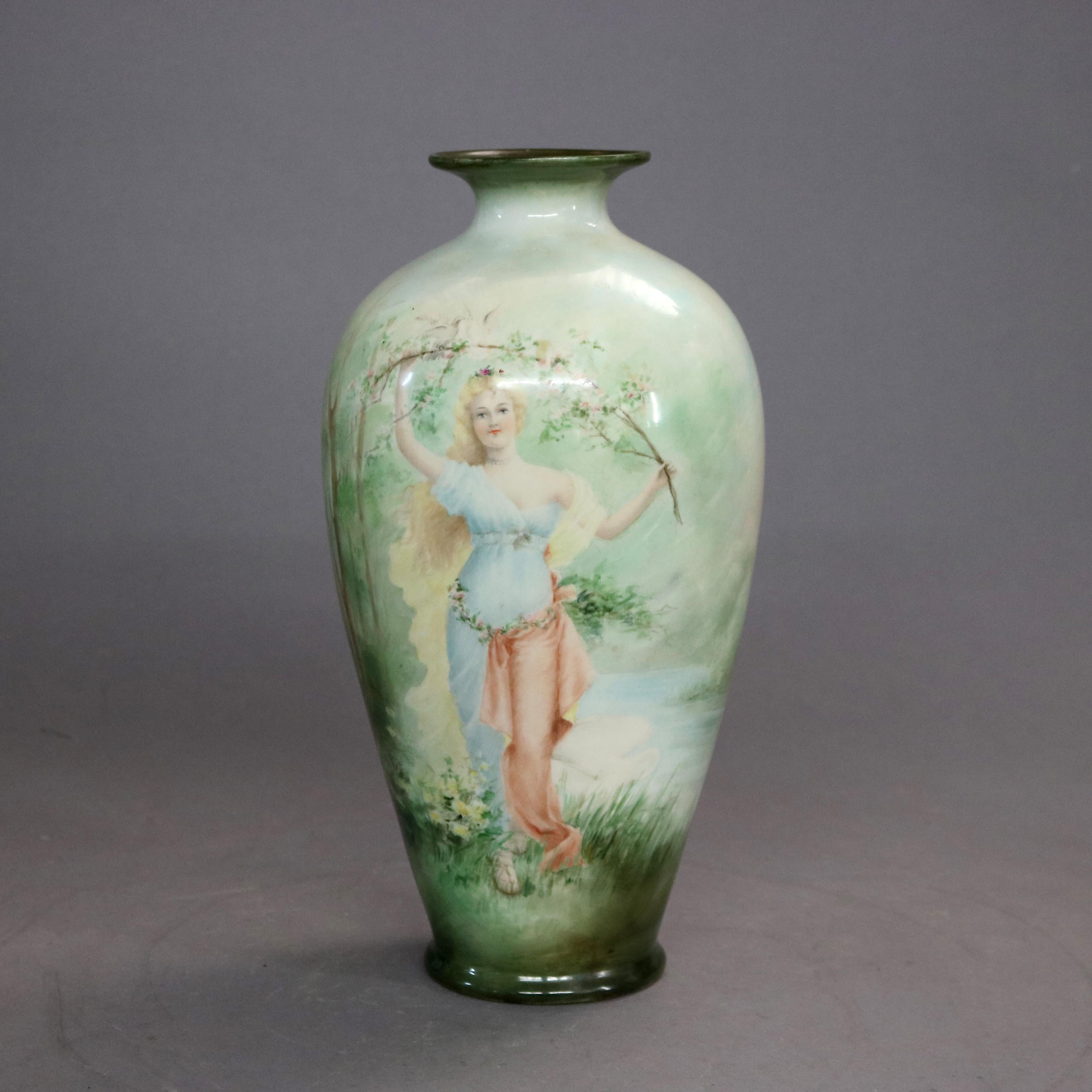 An antique Irish Belleek vase offers porcelain construction with portrait of a woman in outdoor setting, maker mark on base as photographed, circa 1890

Measures - 14.75