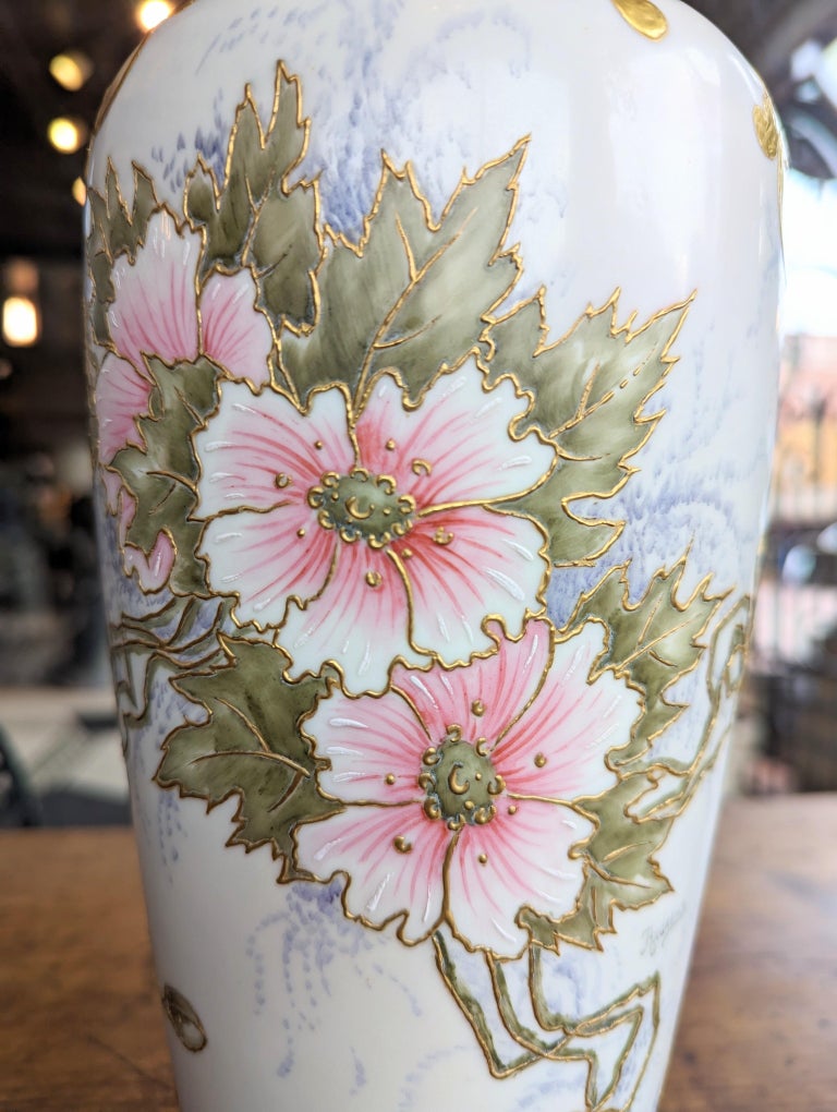 Antique Belleek Willets Porcelain Vase Hand Painted Flowers Signed