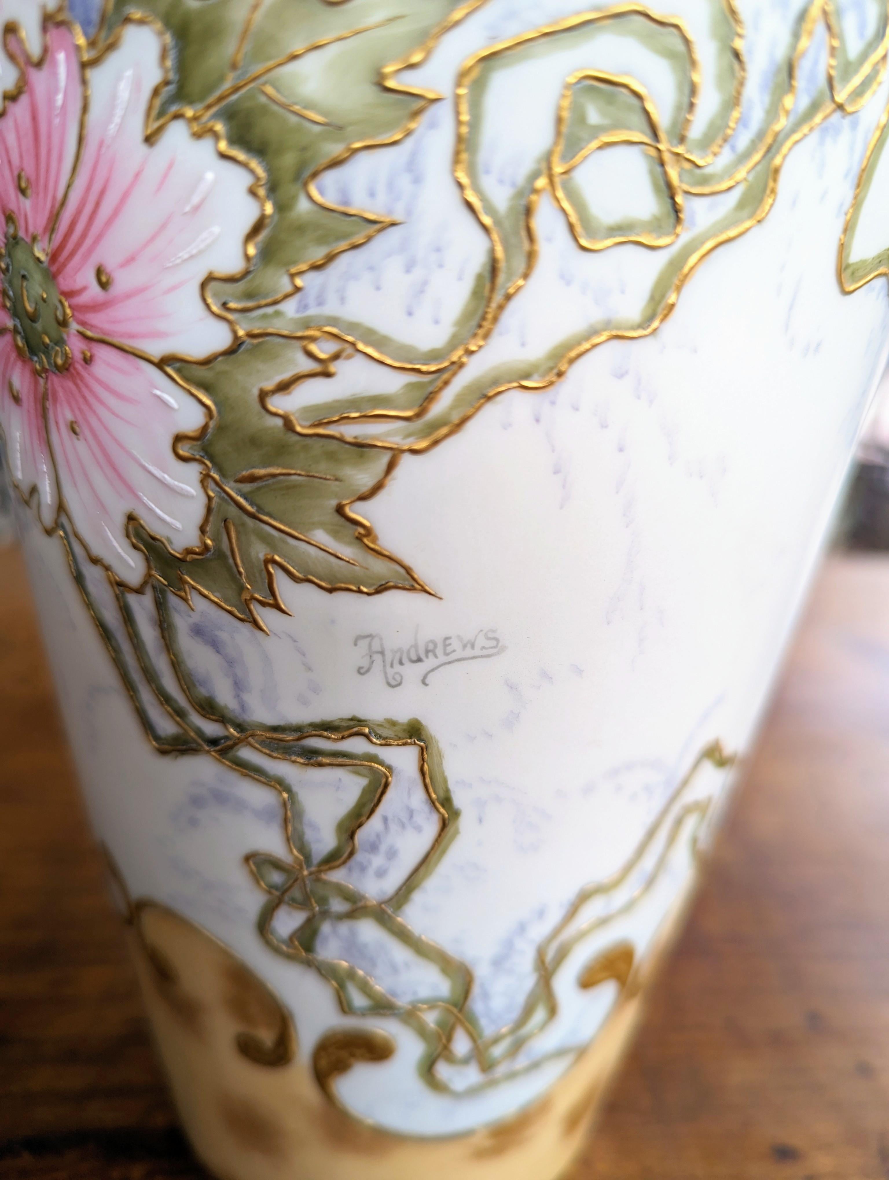 Edwardian Antique Belleek Willets Porcelain Vase Hand Painted Flowers Signed Andrews For Sale