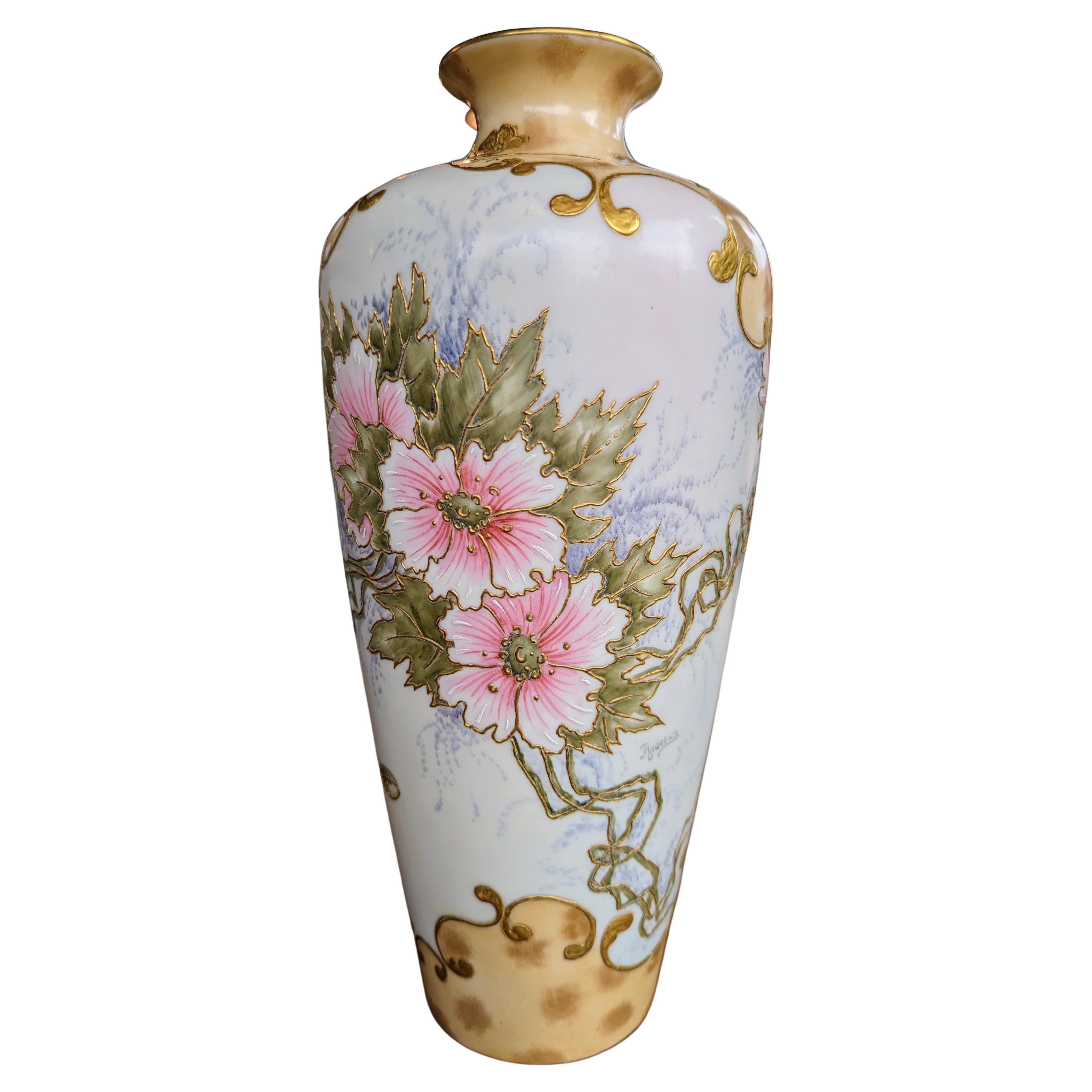 Antike Belleek Willets-Porzellanvase mit handbemalten Blumen, signiert Andrews