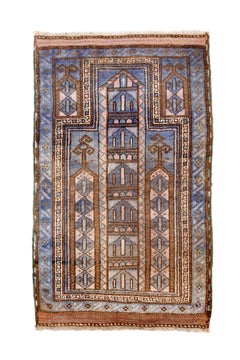 Antique Belouch Prayer Rug with Architectural Motifs in Indigo, Camel & Ivory