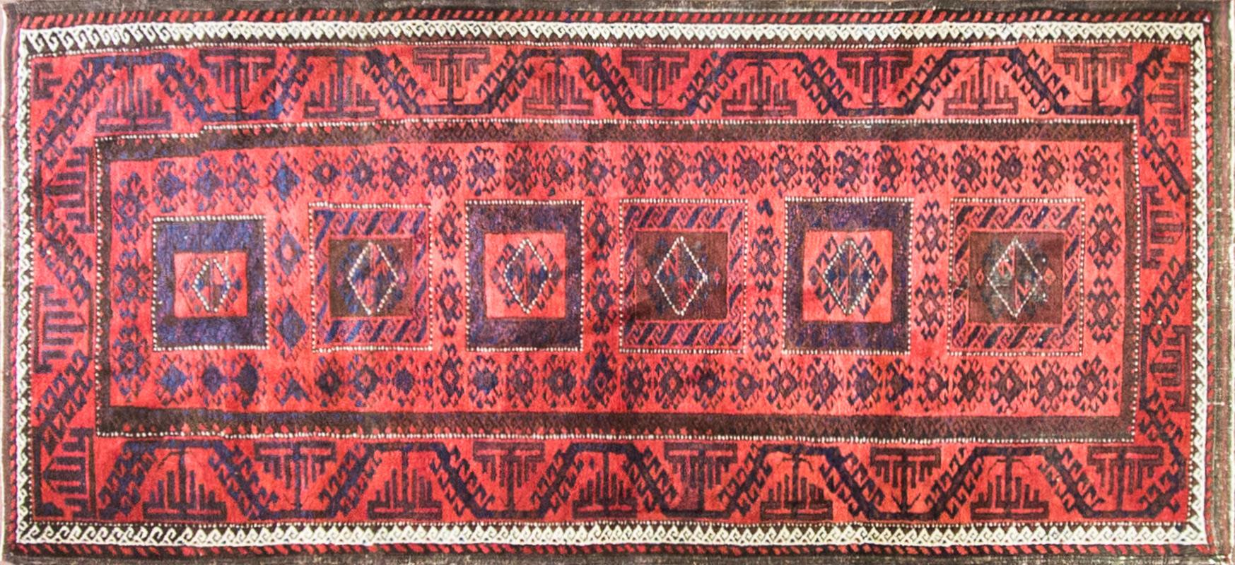 The Baluchi people where a tribe of nomads that migrated from region near the Caspian sea to the area of southern Soviet central Asia, Afghanistan Khorasan province of Iran and Pakistan and they speak Persian Farsi language. Their rugs display color