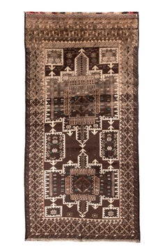 Antique Belouch Rug with Architectural Tribal Medallions in Deep Brown & Ivory