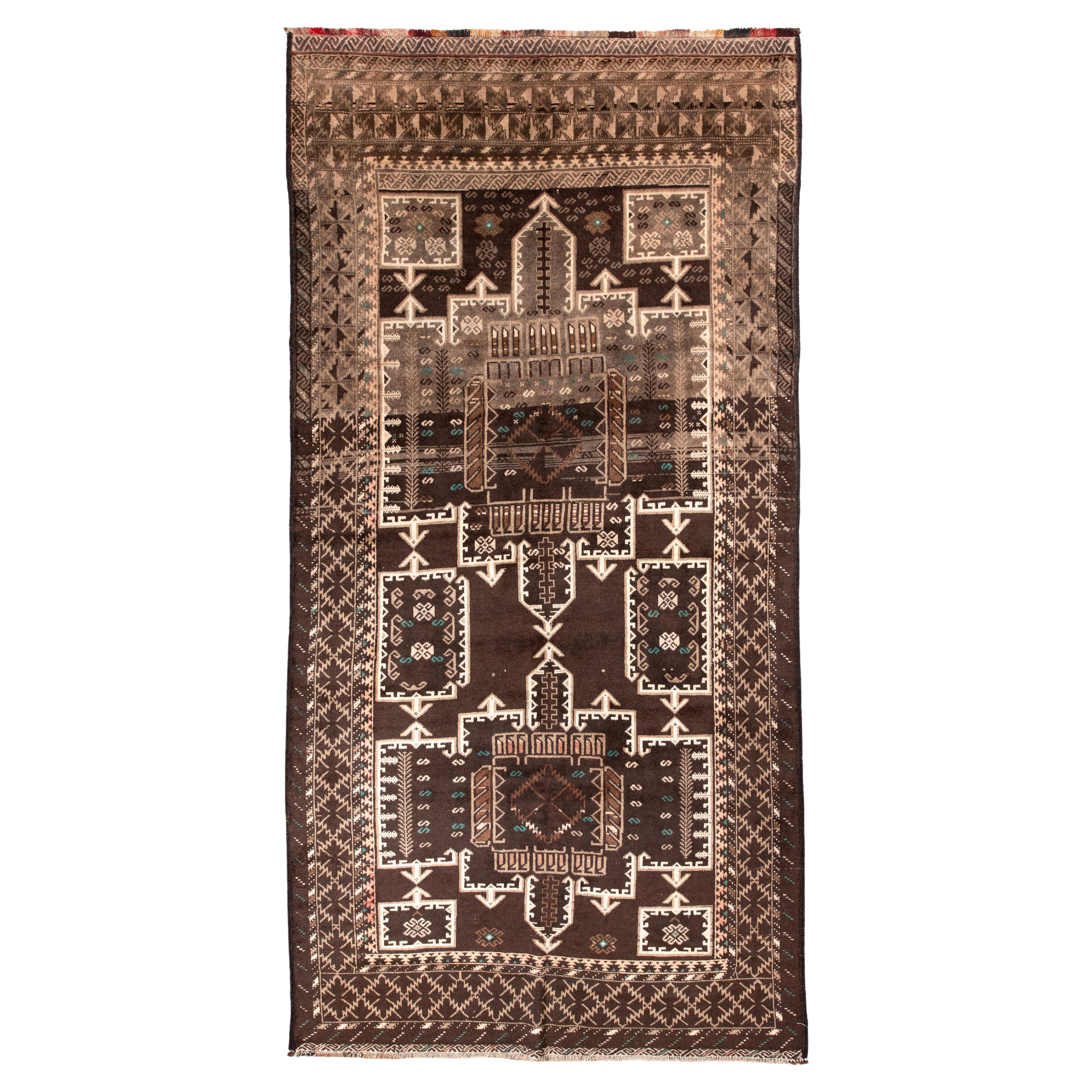 Antique Belouch Rug with Architectural Tribal Medallions in Deep Brown 
Ivory For Sale