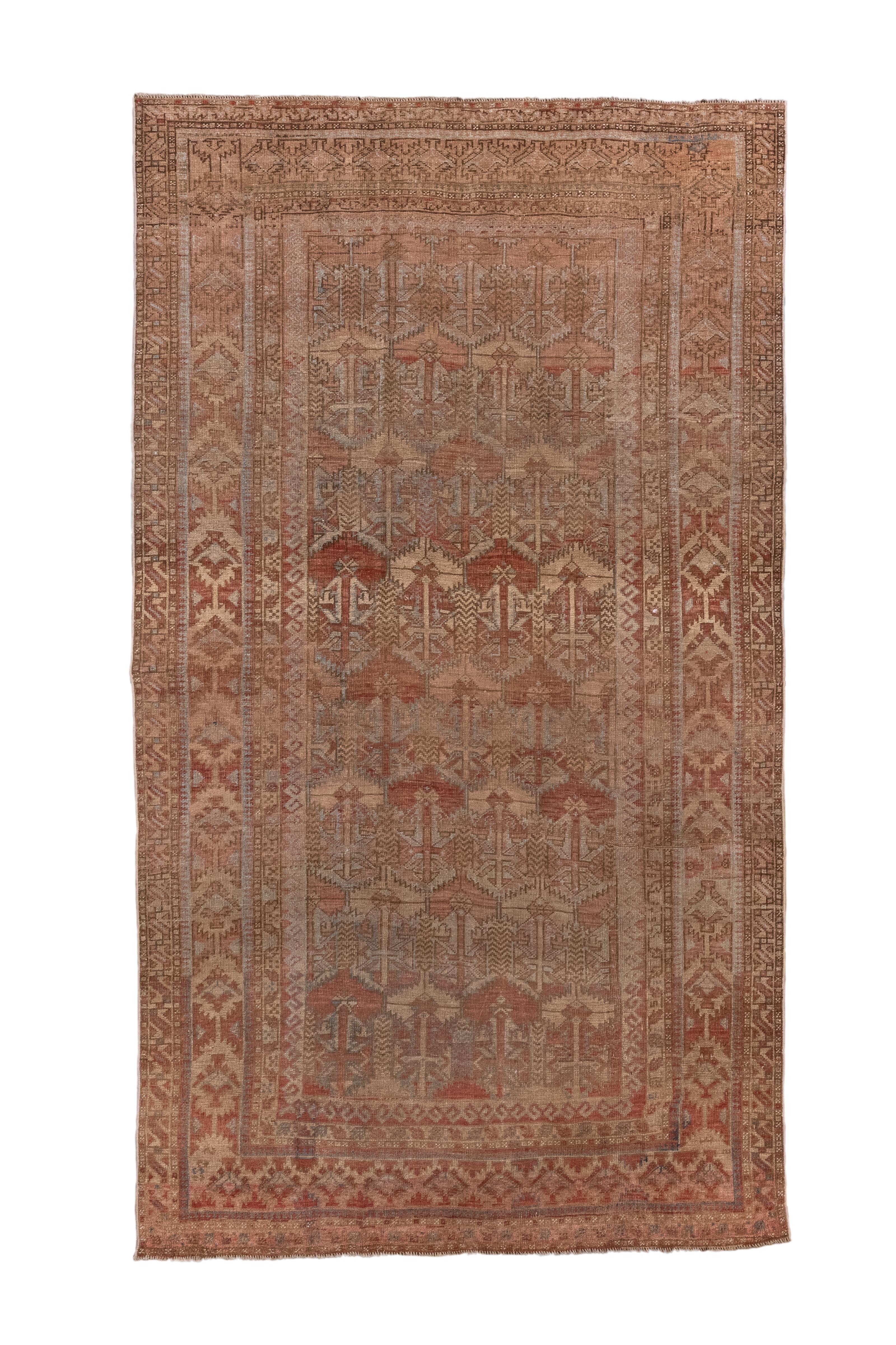 Huit rangées décalées de fleurs à tête d'ashik avec des décorations de tige denses, remplissent le champ rouge-brun. Des bordures mineures bleu clair bordent une large bande centrale en brun saumoné avec une version différente d'ashiks floraux avec