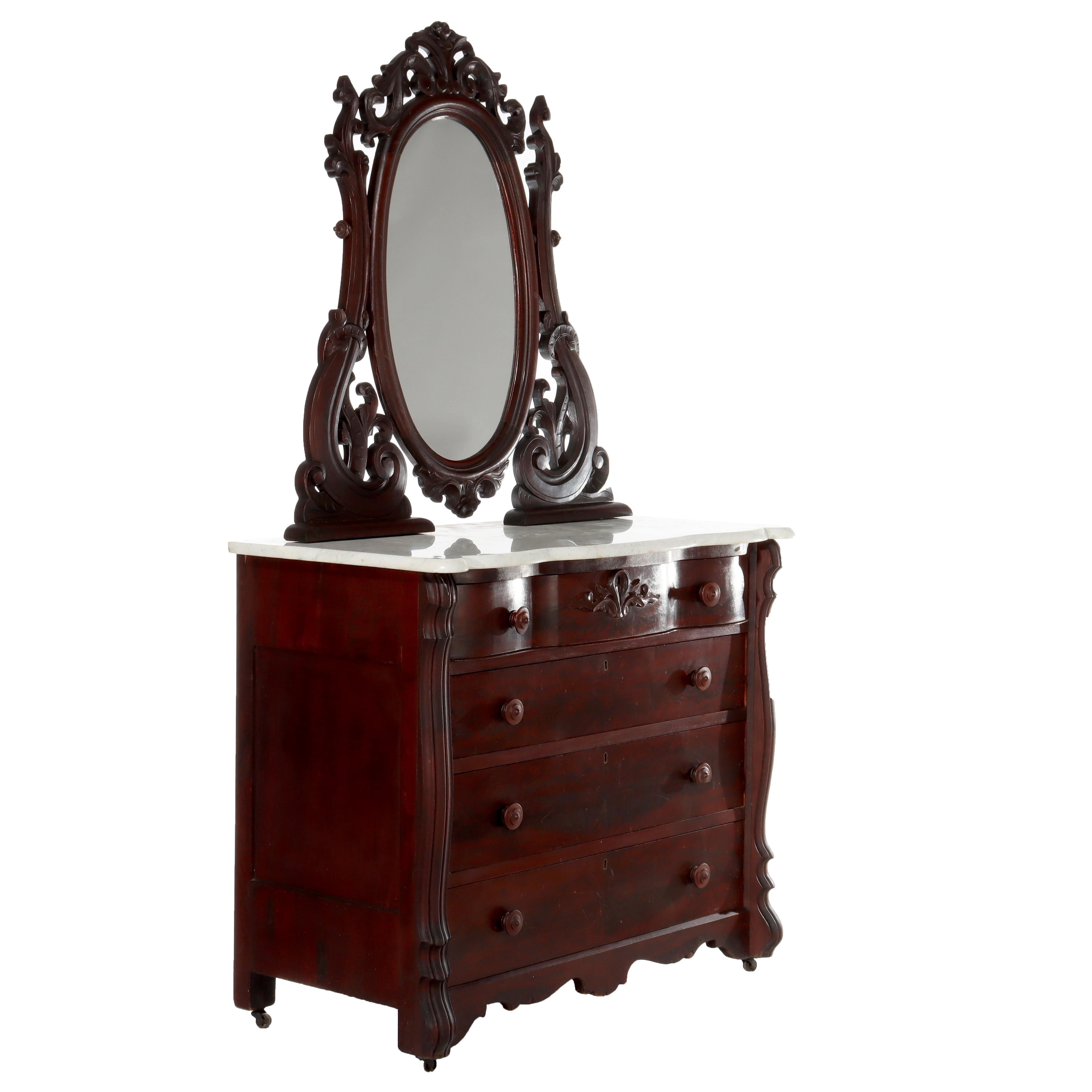 Antigua Cómoda con Espejo de Caoba Tallada en Llama del Renacimiento Rococó de la Escuela Belter en venta 7