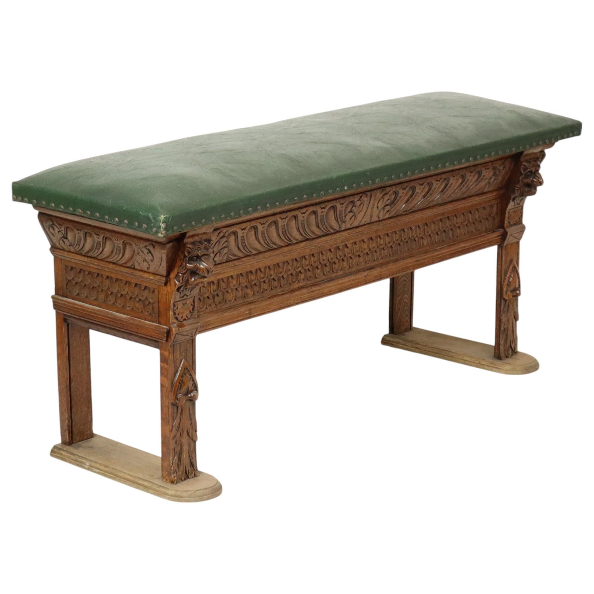 Antique Bench Carved Oak Church Renaissance Revival For Sale 1