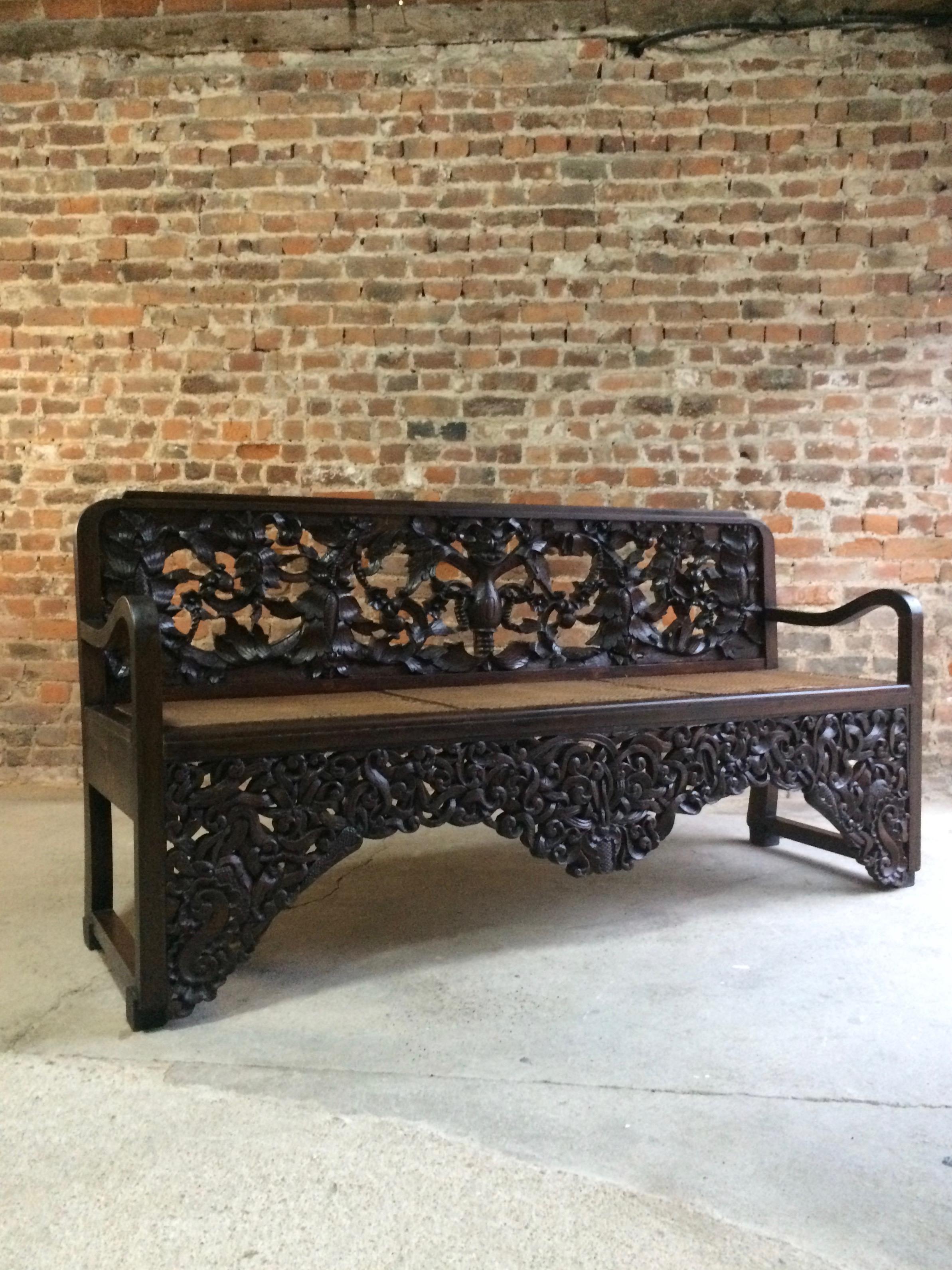 Hand-Carved Antique Bench Hall Seat Heavily Carved 20th Century 1900s Oriental Chinese
