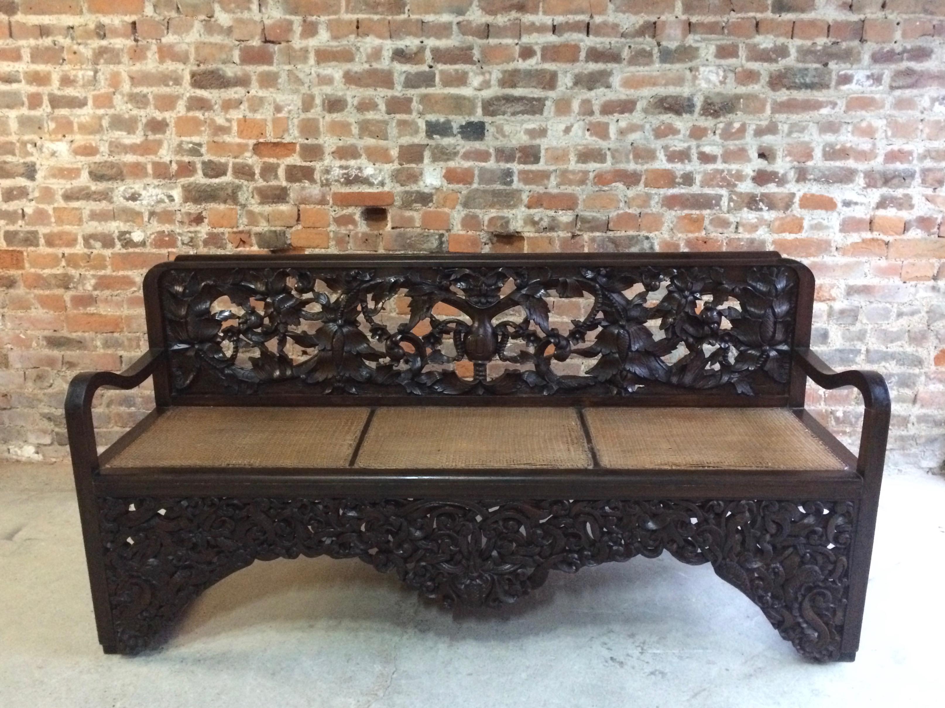 Hand-Carved Antique Bench Hall Seat Heavily Carved 20th Century 1900s Oriental Chinese