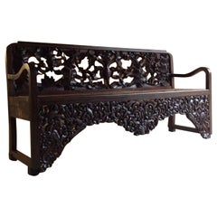 Antique Bench Hall Seat Heavily Carved 20th Century 1900s Oriental Chinese