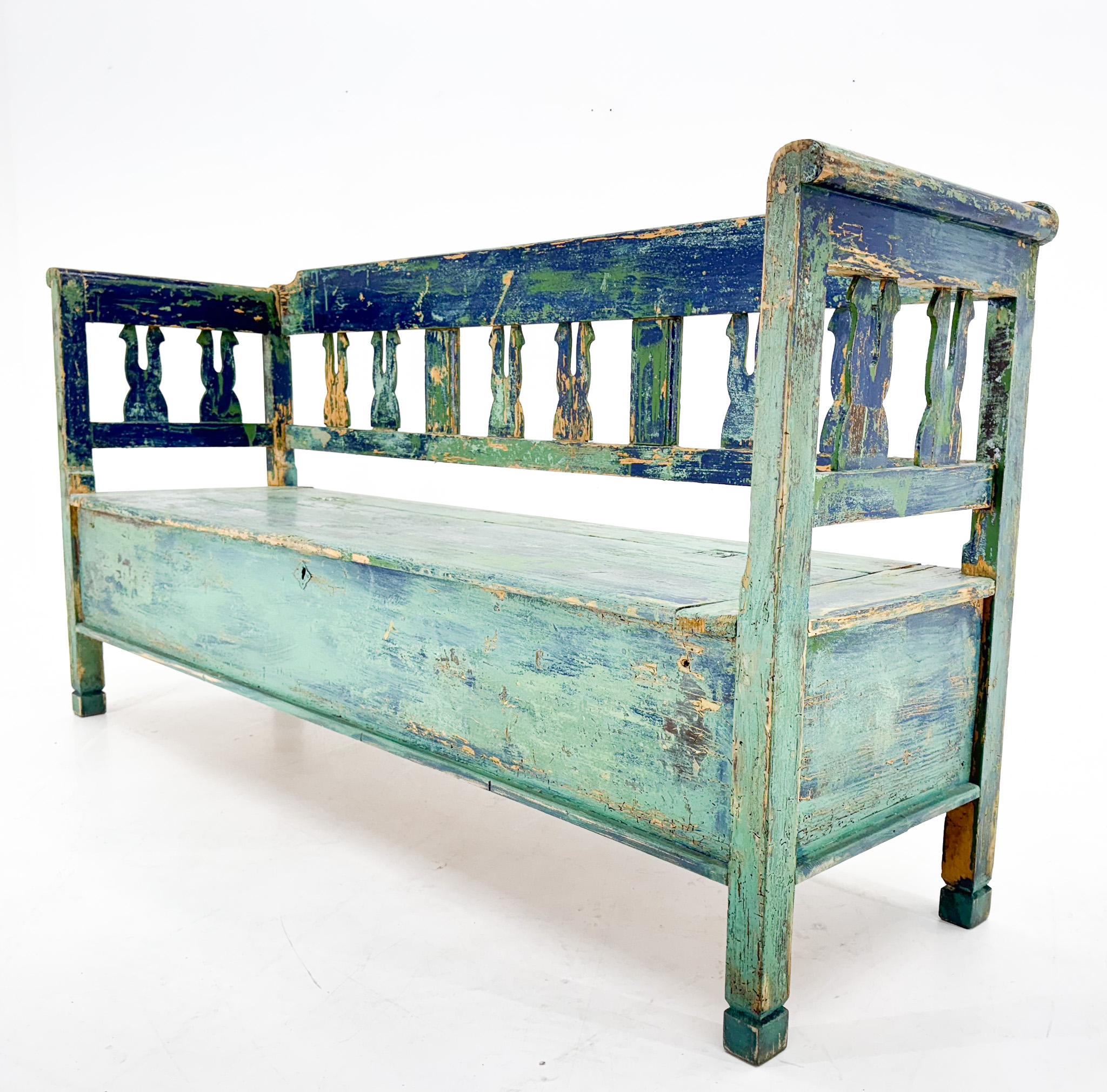 Czech Antique Bench with Storage Space and Beautiful Original Patina For Sale