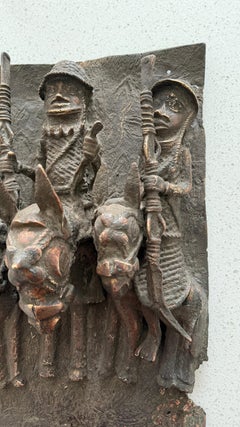 Antique Benin Bronze Plaque 1970s Royal Oba Court Warriors Lost Wax African Art