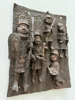 Antique Benin Bronze Plaque 1970s Royal Oba Court Warriors Lost Wax African Art