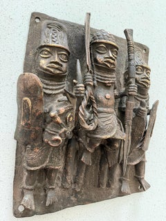 Antique Benin Bronze Plaque 1970s Royal Oba Court Warriors Lost Wax African Art